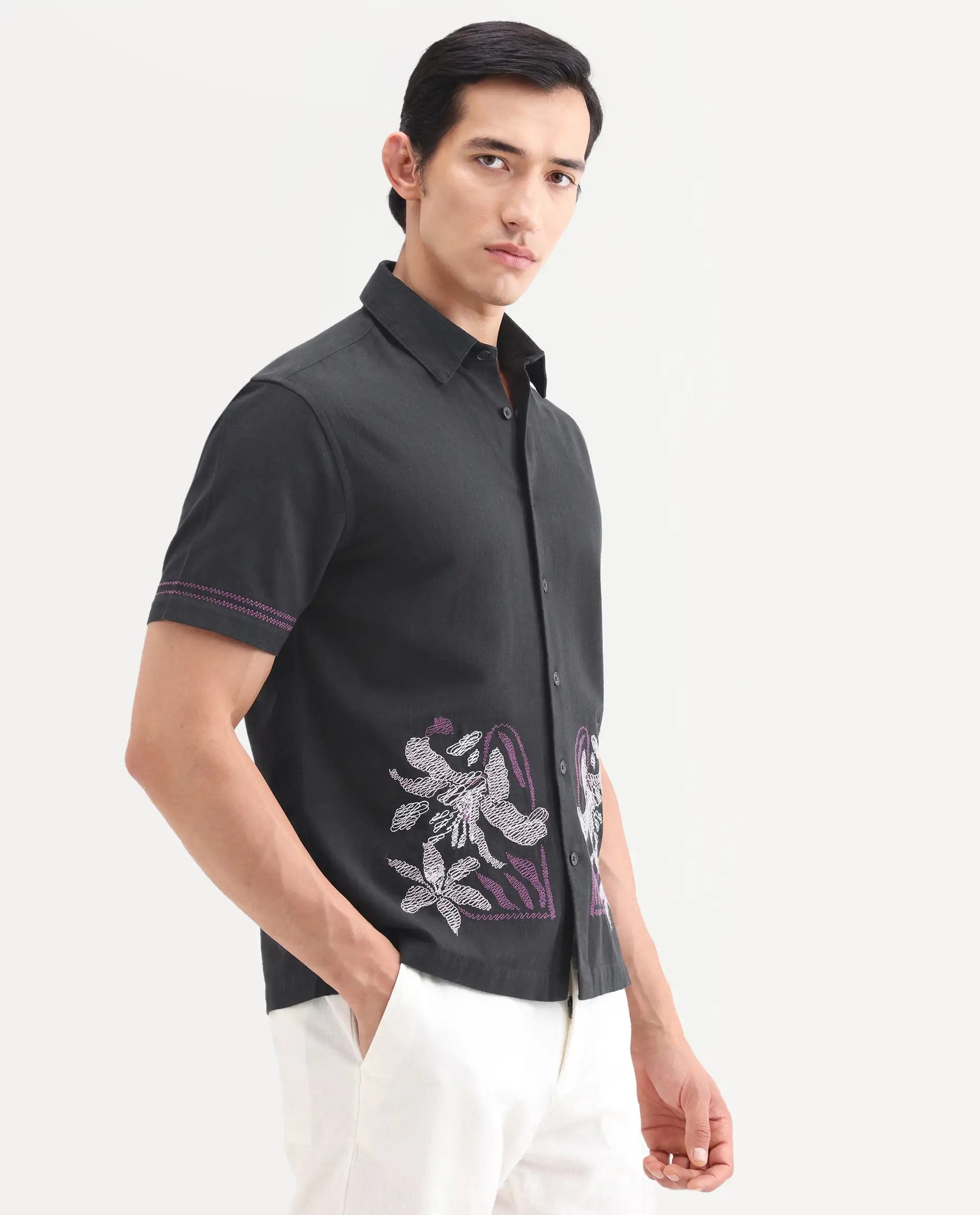 Rare Rabbit Men's Dran Black Cotton Blend Fabric Half Sleeve Spread Collar Regular Fit Embroidered Shirt
