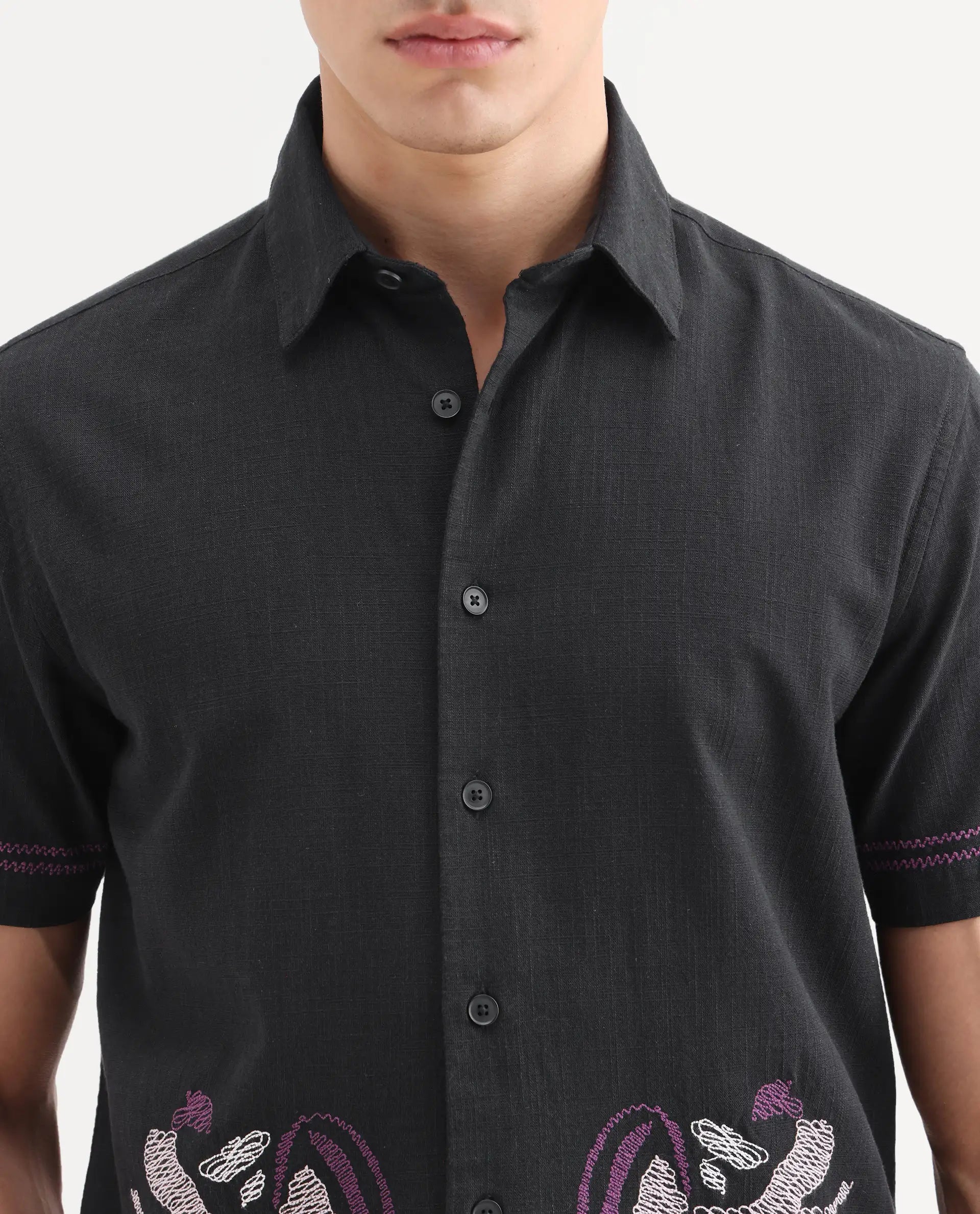 Rare Rabbit Men's Dran Black Cotton Blend Fabric Half Sleeve Spread Collar Regular Fit Embroidered Shirt
