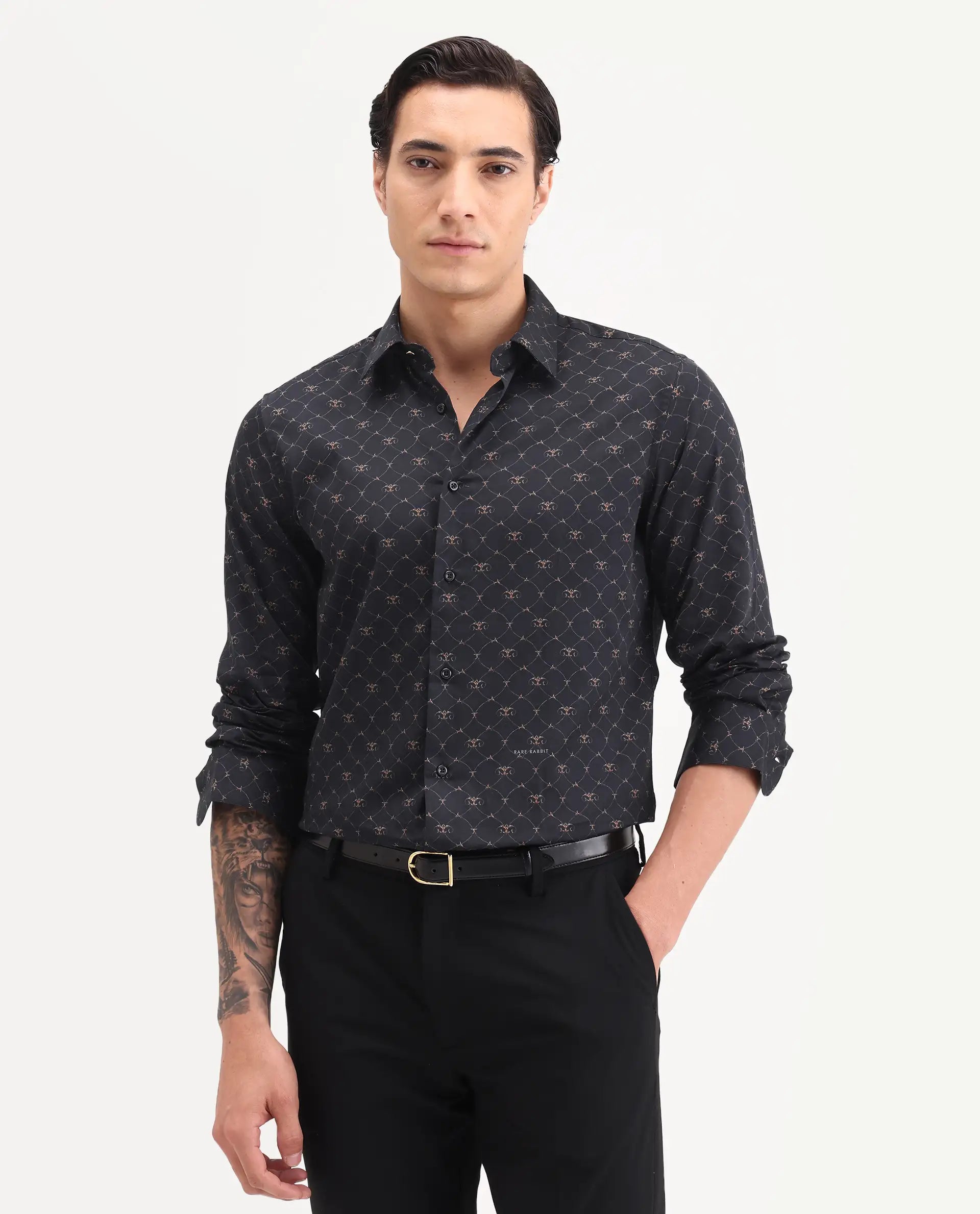 Rare Rabbit Men's Rems Black Cotton Fabric Full Sleeve Spread Collar Regular Fit Geometric Print Shirt