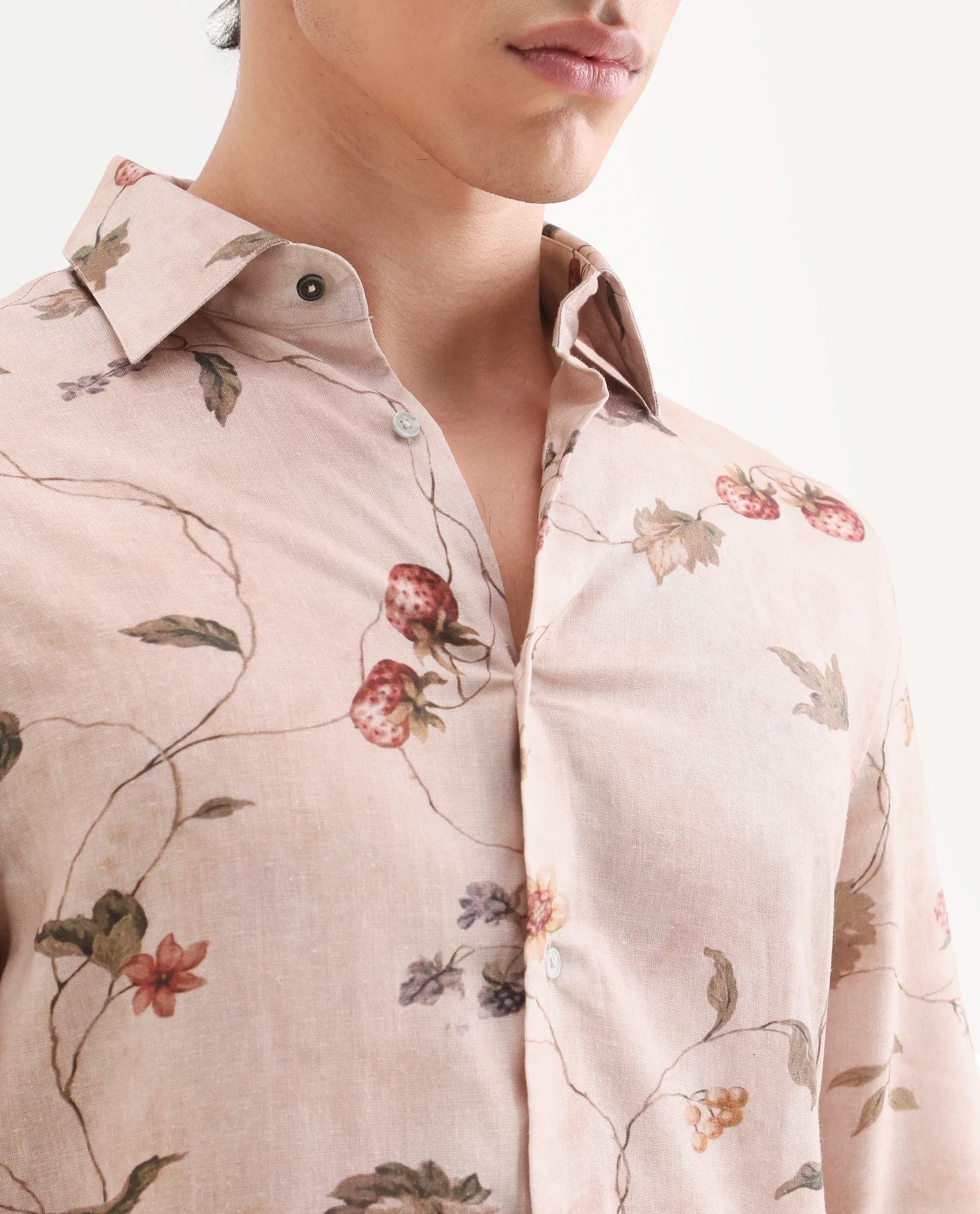 Rare Rabbit Men's Renu Dusky Pink Linen Blend Fabric Full Sleeve Spread Collar Regular Fit Floral Print Shirt