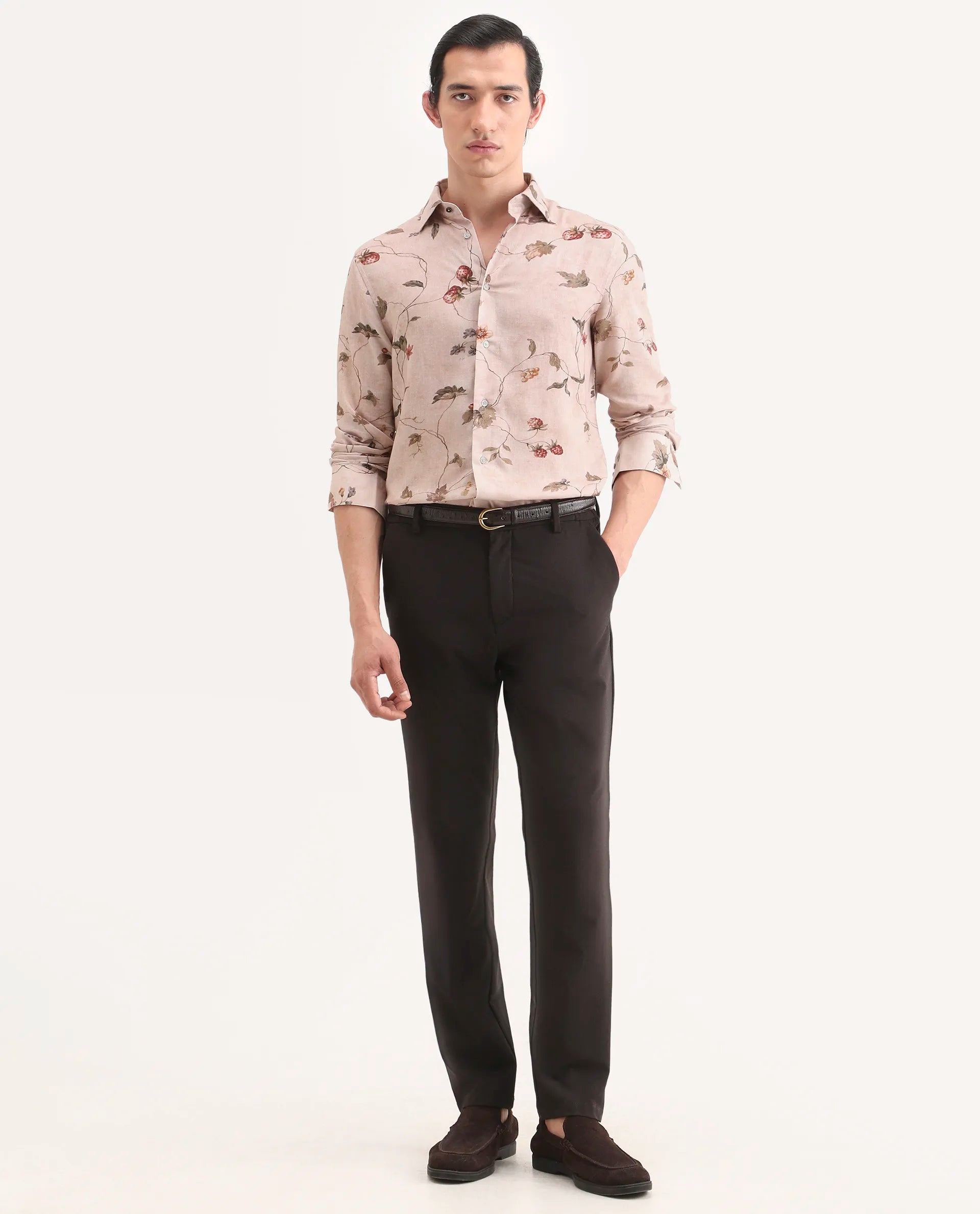 Rare Rabbit Men's Renu Dusky Pink Linen Blend Fabric Full Sleeve Spread Collar Regular Fit Floral Print Shirt