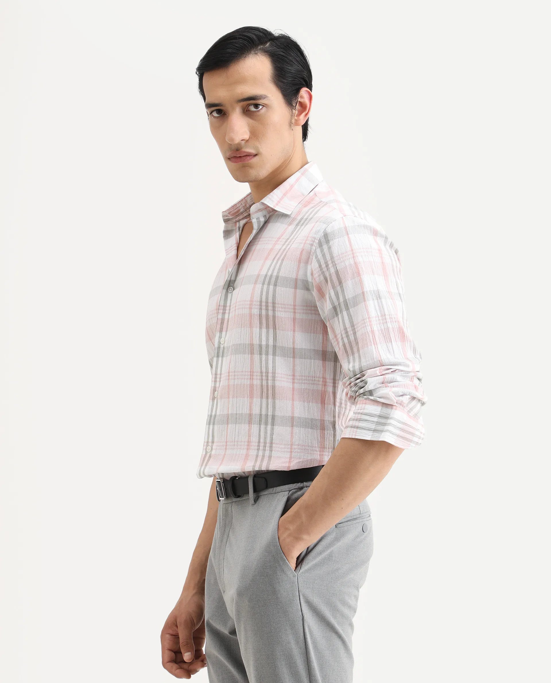 Rare Rabbit Men's Pinge-26 Pastel Pink Cotton Fabric Full Sleeve Spread Collar Regular Fit Checked Shirt