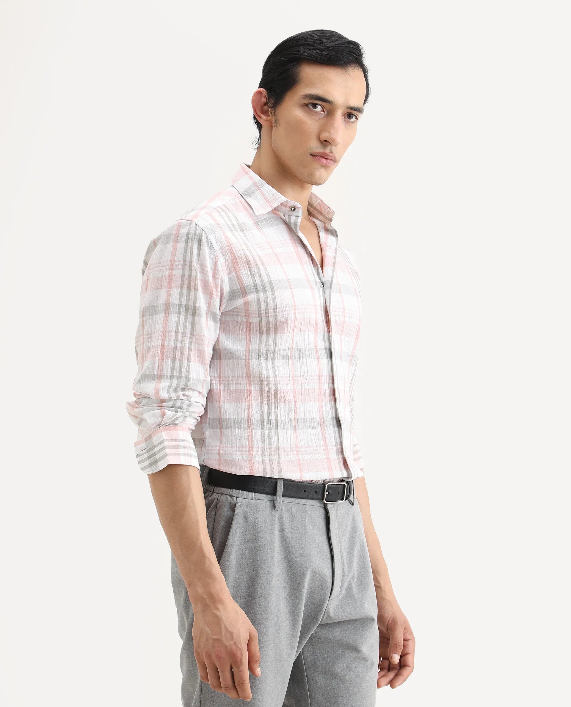 Rare Rabbit Men's Pinge-26 Pastel Pink Cotton Fabric Full Sleeve Spread Collar Regular Fit Checked Shirt