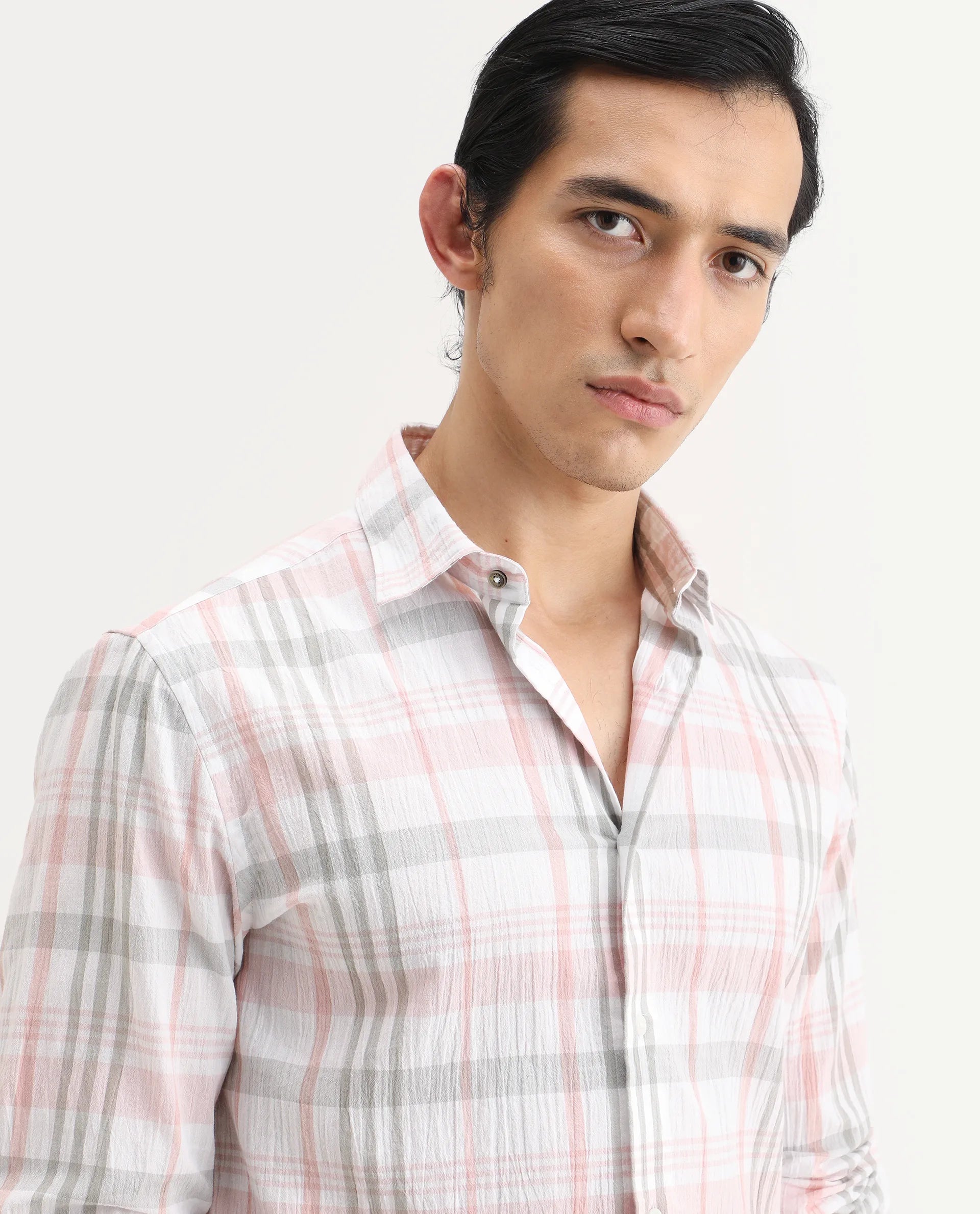 Rare Rabbit Men's Pinge-26 Pastel Pink Cotton Fabric Full Sleeve Spread Collar Regular Fit Checked Shirt