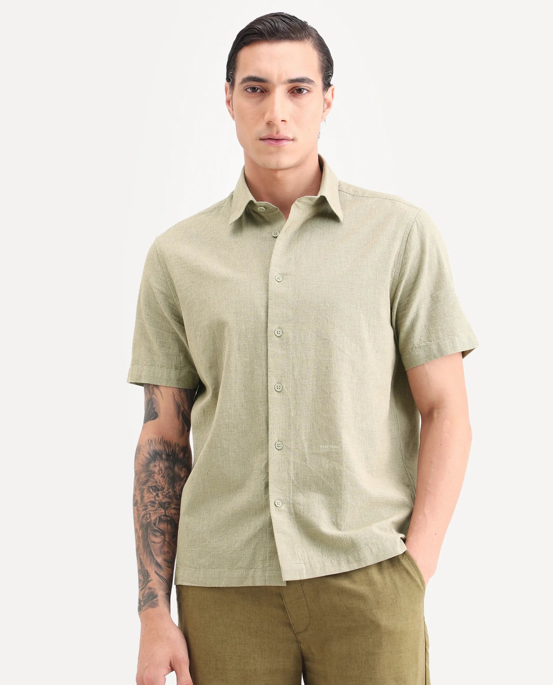 Rare Rabbit Men's Rode Green Linen Blend Fabric Half Sleeve Spread Collar Regular Fit Plain Shirt