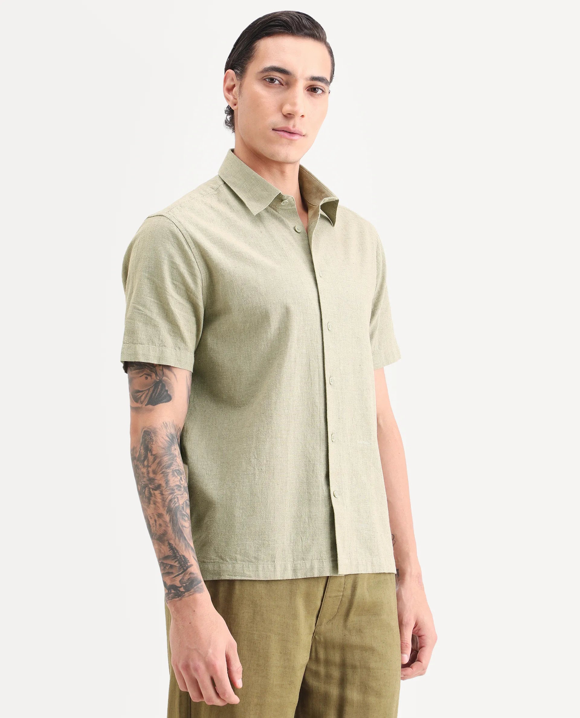 Rare Rabbit Men's Rode Green Linen Blend Fabric Half Sleeve Spread Collar Regular Fit Plain Shirt