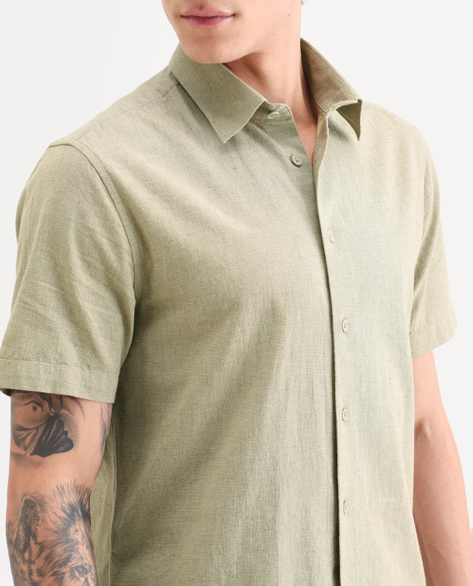 Rare Rabbit Men's Rode Green Linen Blend Fabric Half Sleeve Spread Collar Regular Fit Plain Shirt