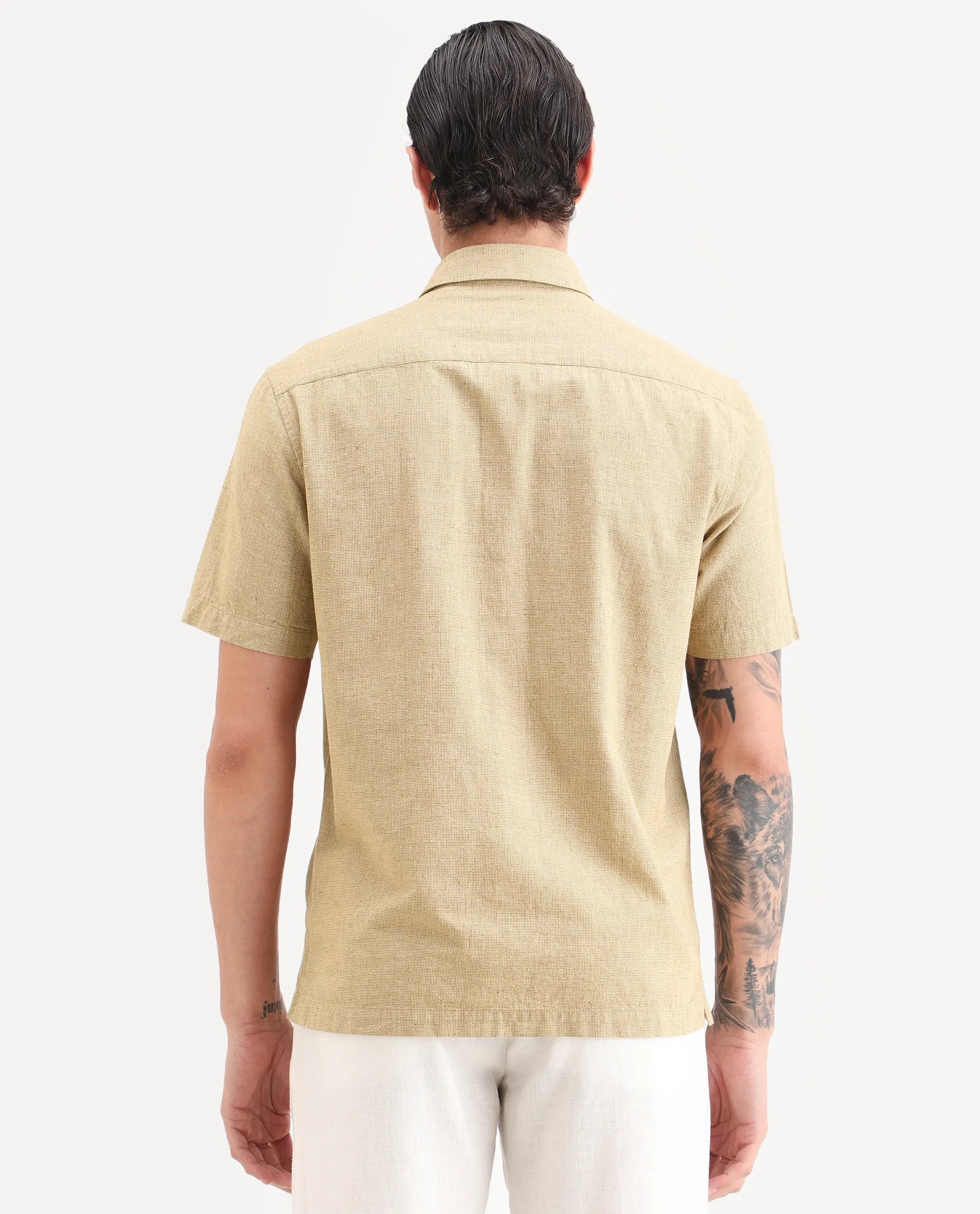 Rare Rabbit Men's Rode Musturd Linen Blend Fabric Half Sleeve Spread Collar Regular Fit Plain Shirt