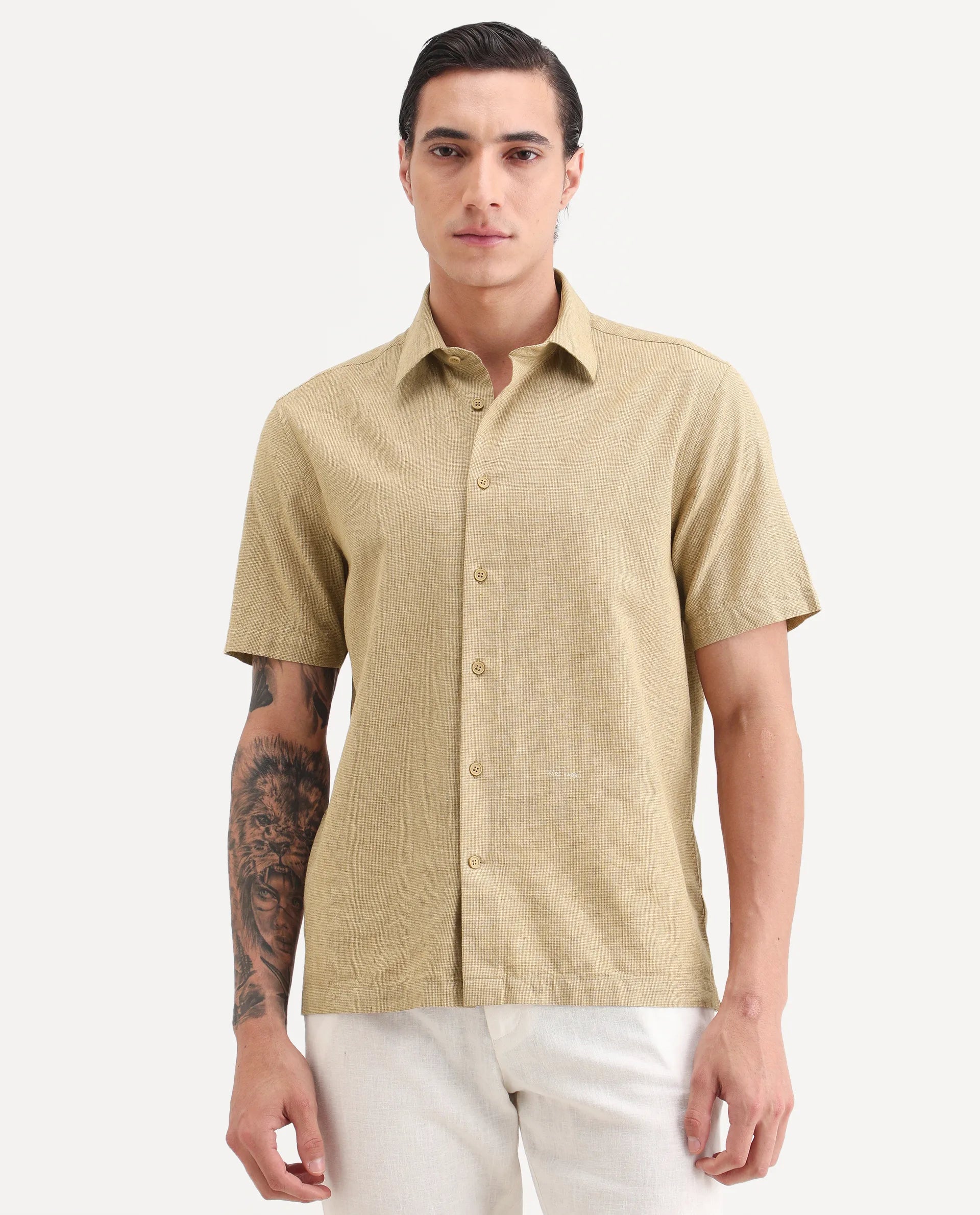 Rare Rabbit Men's Rode Musturd Linen Blend Fabric Half Sleeve Spread Collar Regular Fit Plain Shirt