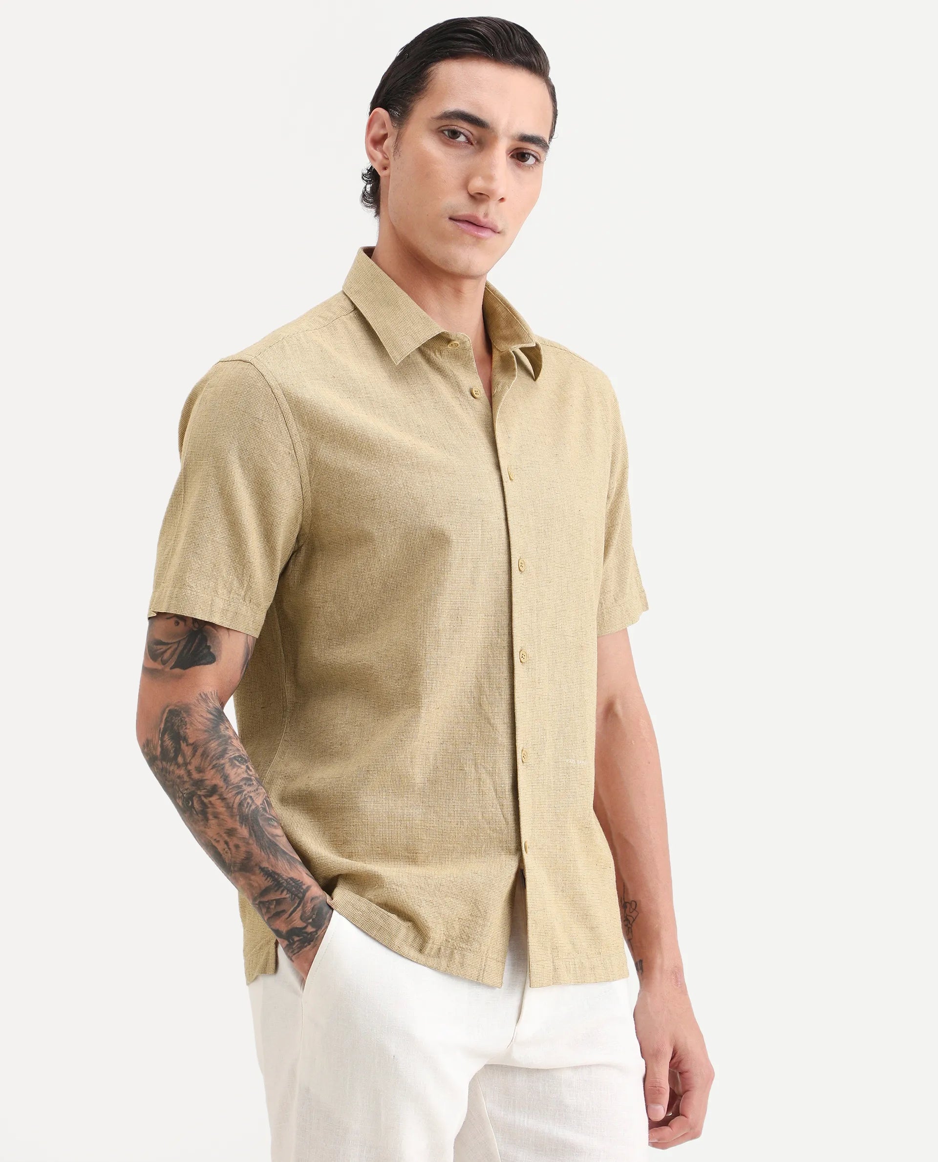 Rare Rabbit Men's Rode Musturd Linen Blend Fabric Half Sleeve Spread Collar Regular Fit Plain Shirt