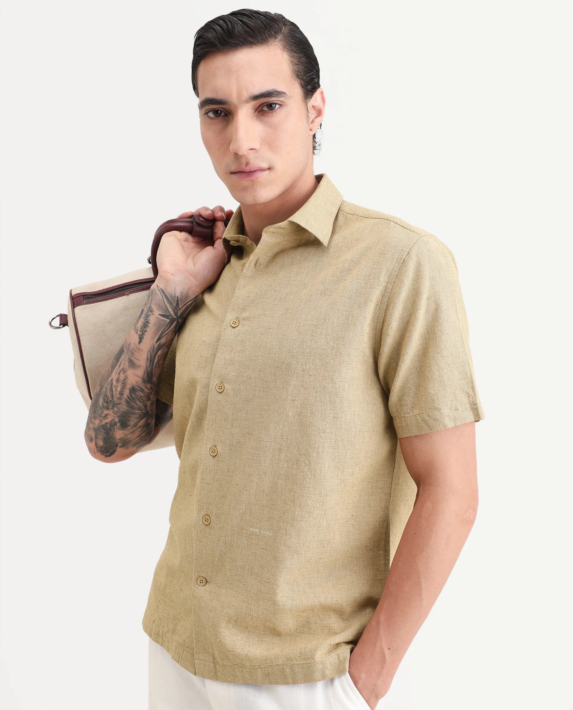 Rare Rabbit Men's Rode Musturd Linen Blend Fabric Half Sleeve Spread Collar Regular Fit Plain Shirt