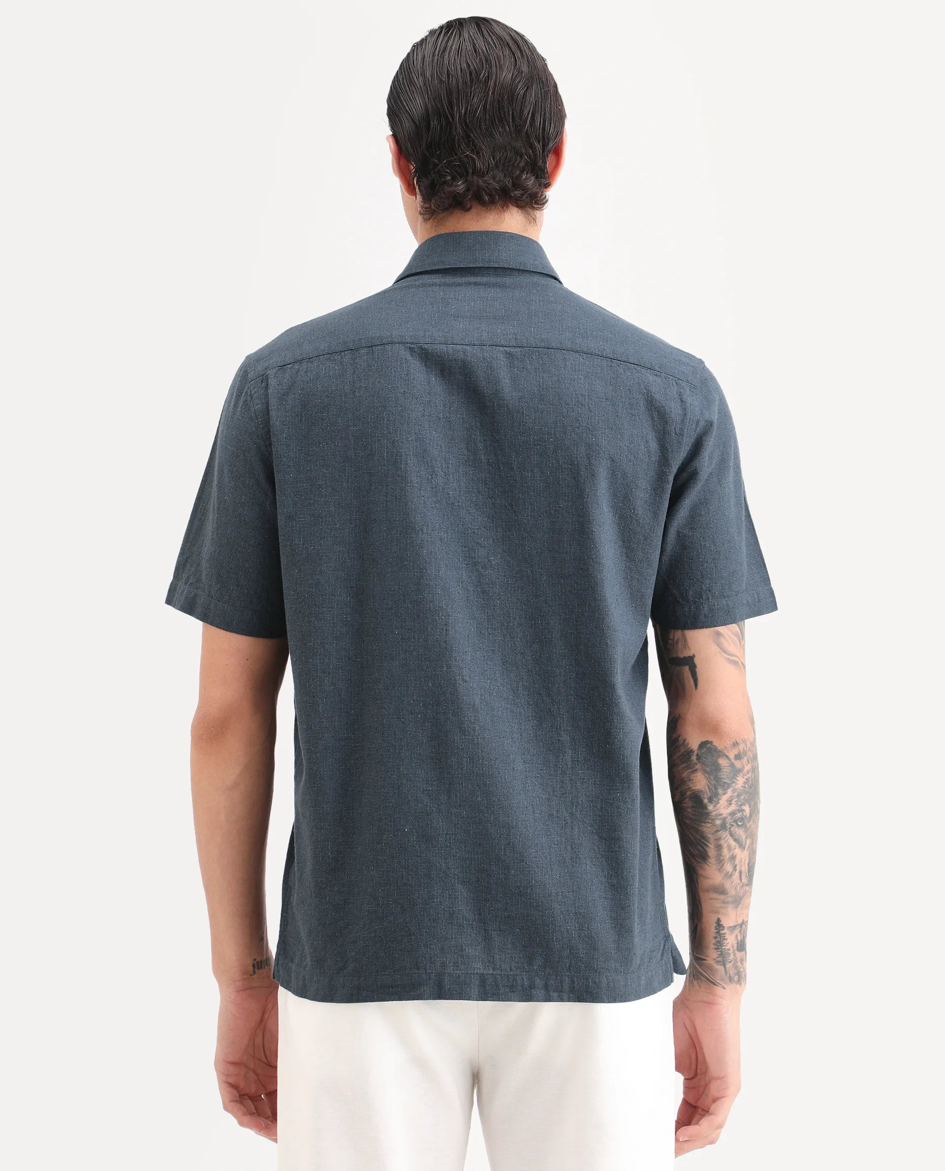 Rare Rabbit Men's Rode Dark Blue Linen Blend Fabric Half Sleeve Spread Collar Regular Fit Plain Shirt