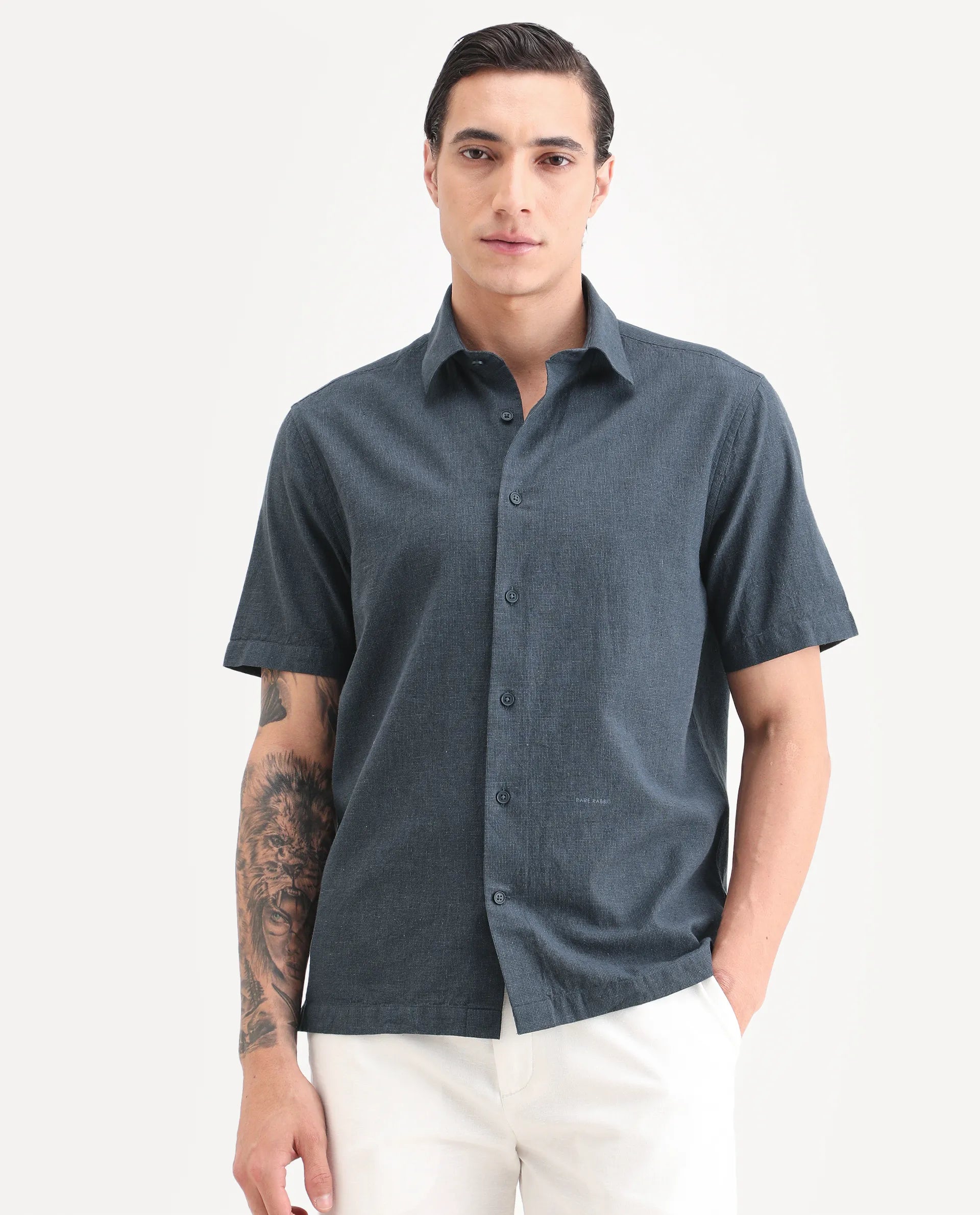 Rare Rabbit Men's Rode Dark Blue Linen Blend Fabric Half Sleeve Spread Collar Regular Fit Plain Shirt