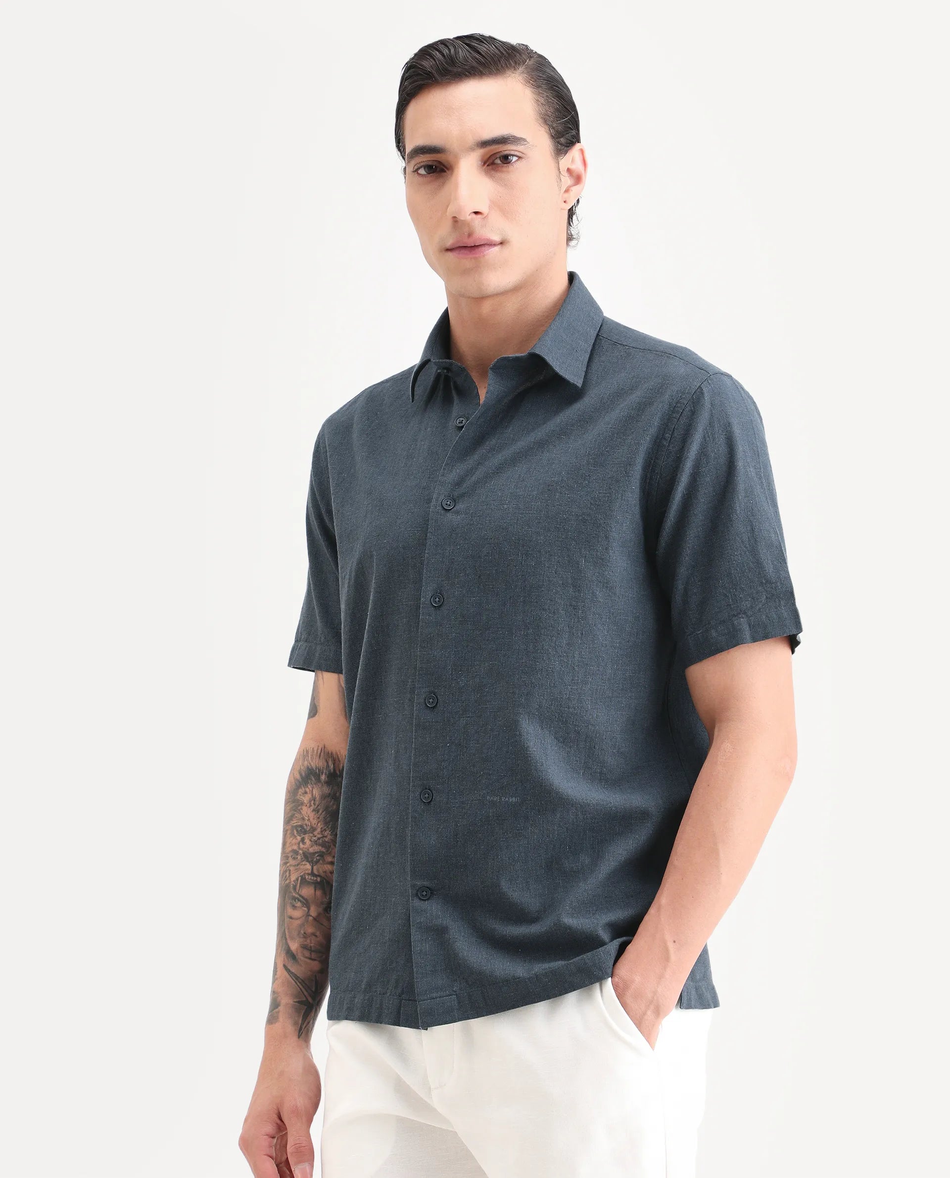 Rare Rabbit Men's Rode Dark Blue Linen Blend Fabric Half Sleeve Spread Collar Regular Fit Plain Shirt