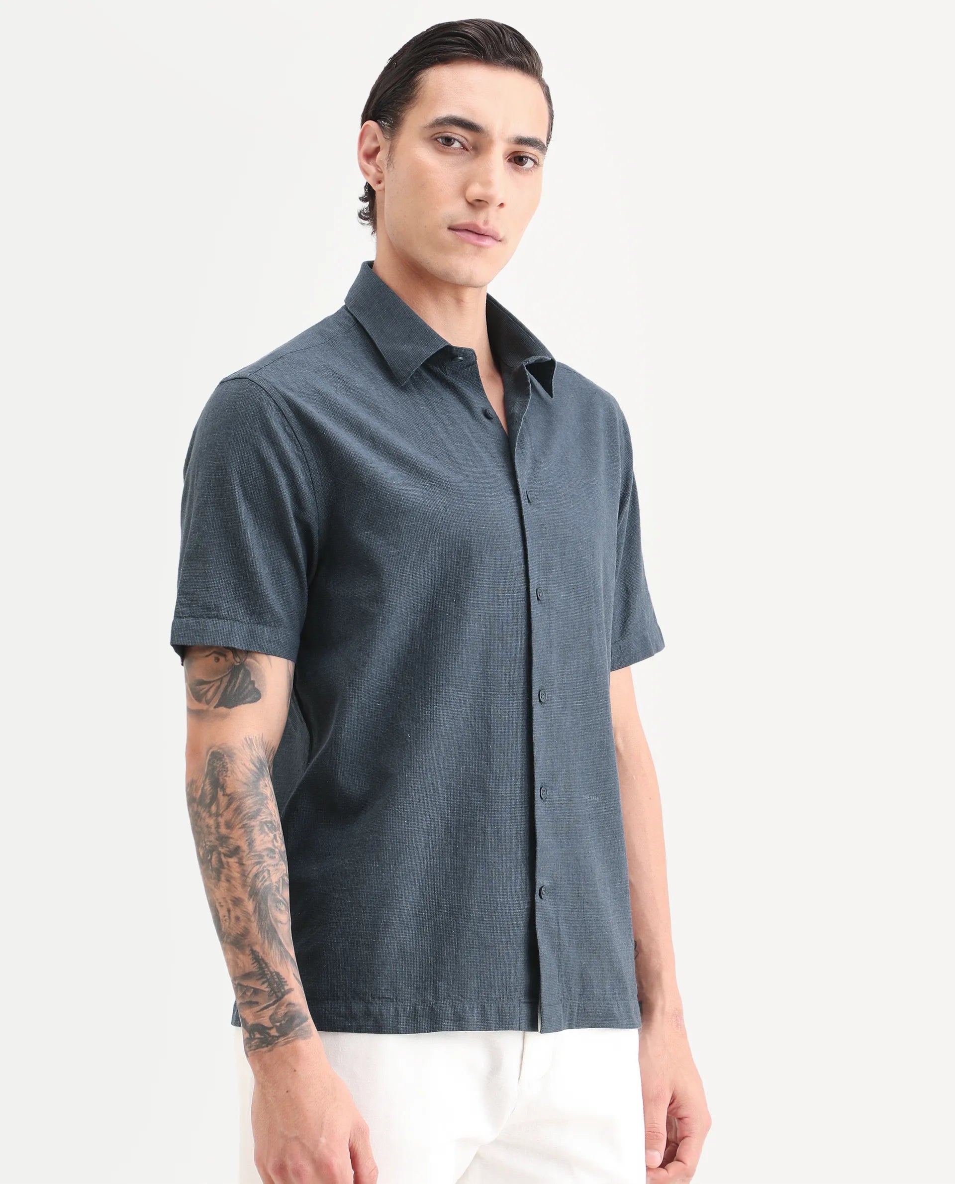 Rare Rabbit Men's Rode Dark Blue Linen Blend Fabric Half Sleeve Spread Collar Regular Fit Plain Shirt