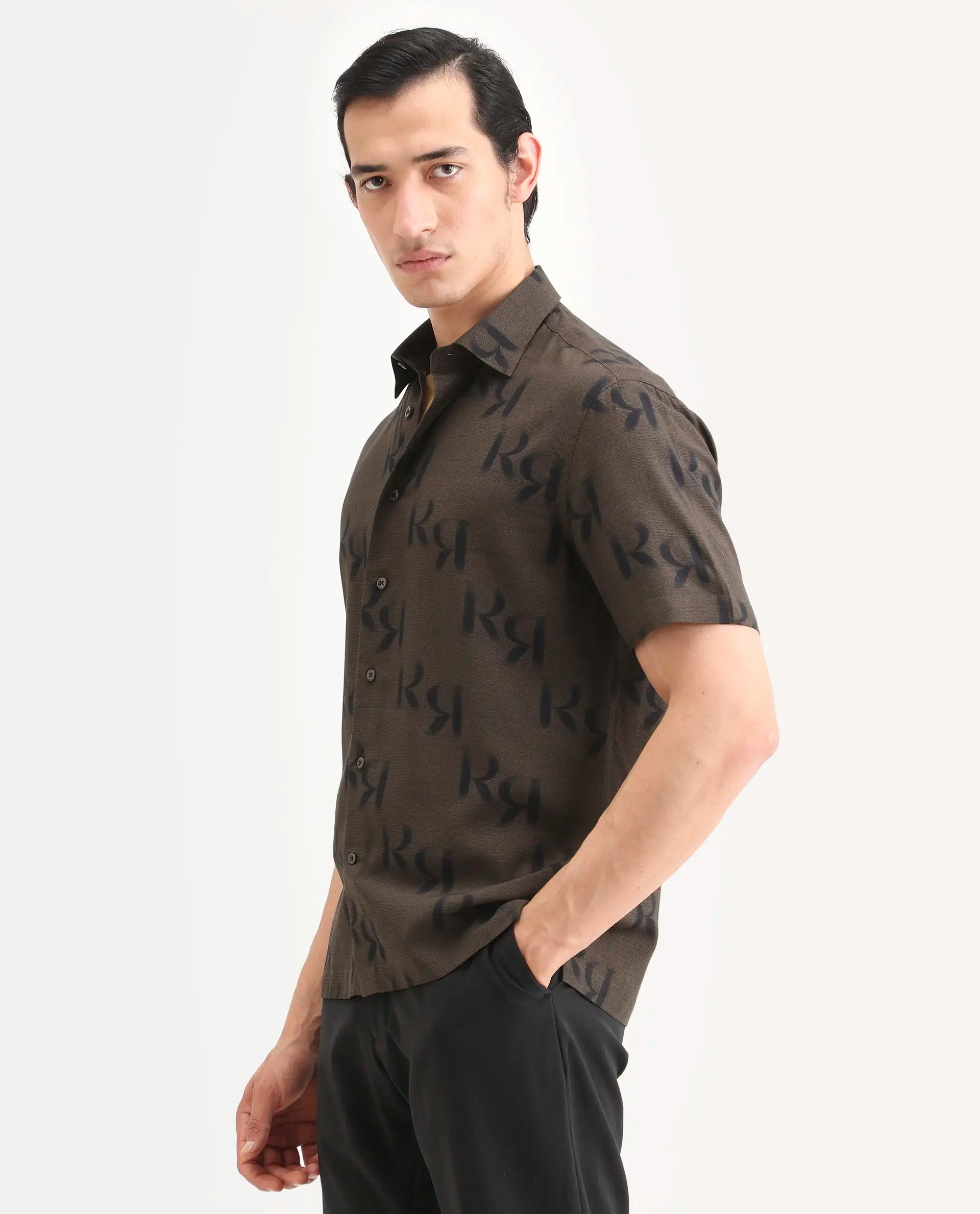 Rare Rabbit Men's Rhys 2 Dusky Brown Viscose Fabric Half Sleeve Regular Fit Monogram Print Shirt
