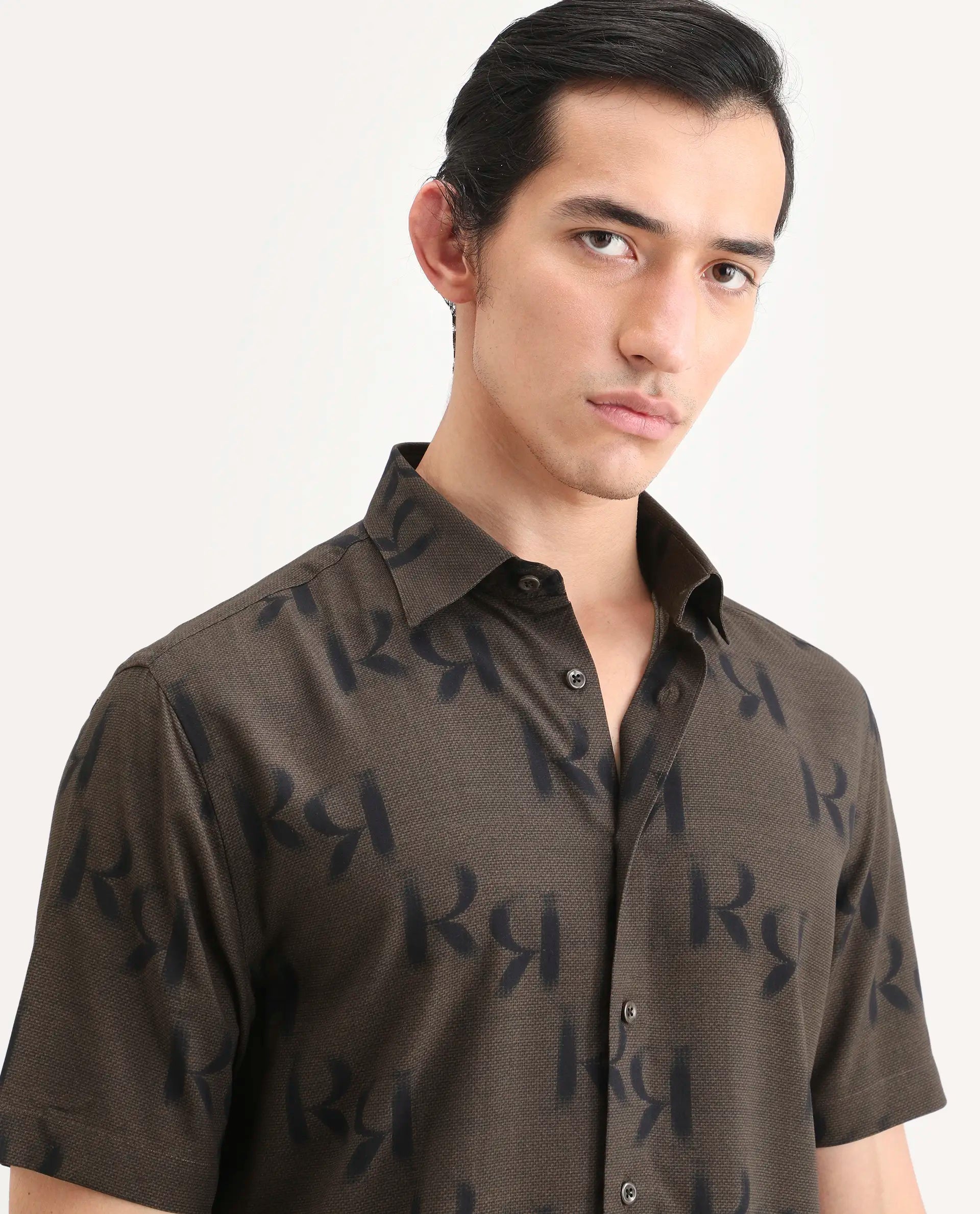Rare Rabbit Men's Rhys 2 Dusky Brown Viscose Fabric Half Sleeve Regular Fit Monogram Print Shirt