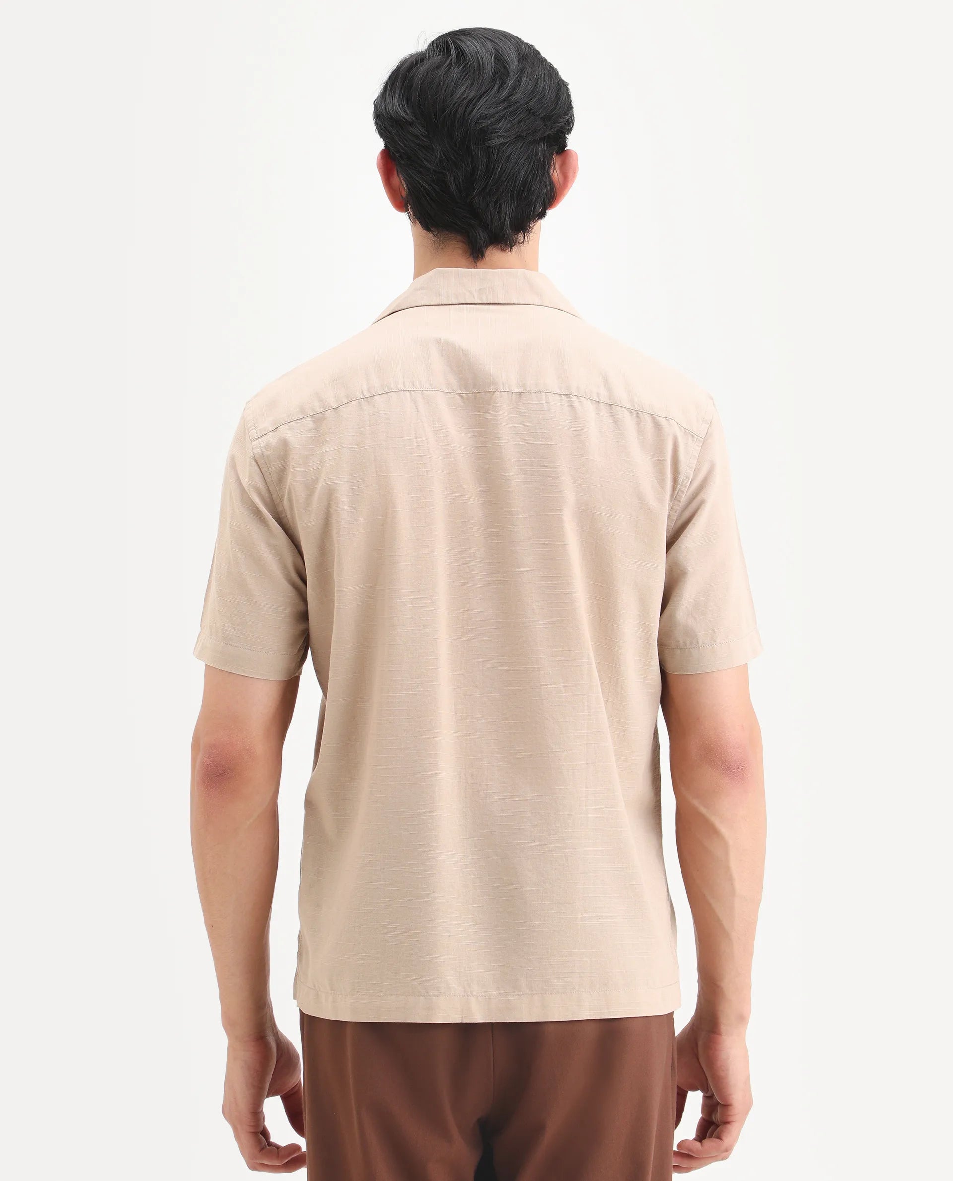 Rare Rabbit Men's Frot Dark Beige Linen Blend Fabric Half Sleeve Cuban Collar Relaxed Fit Embroidered Shirt