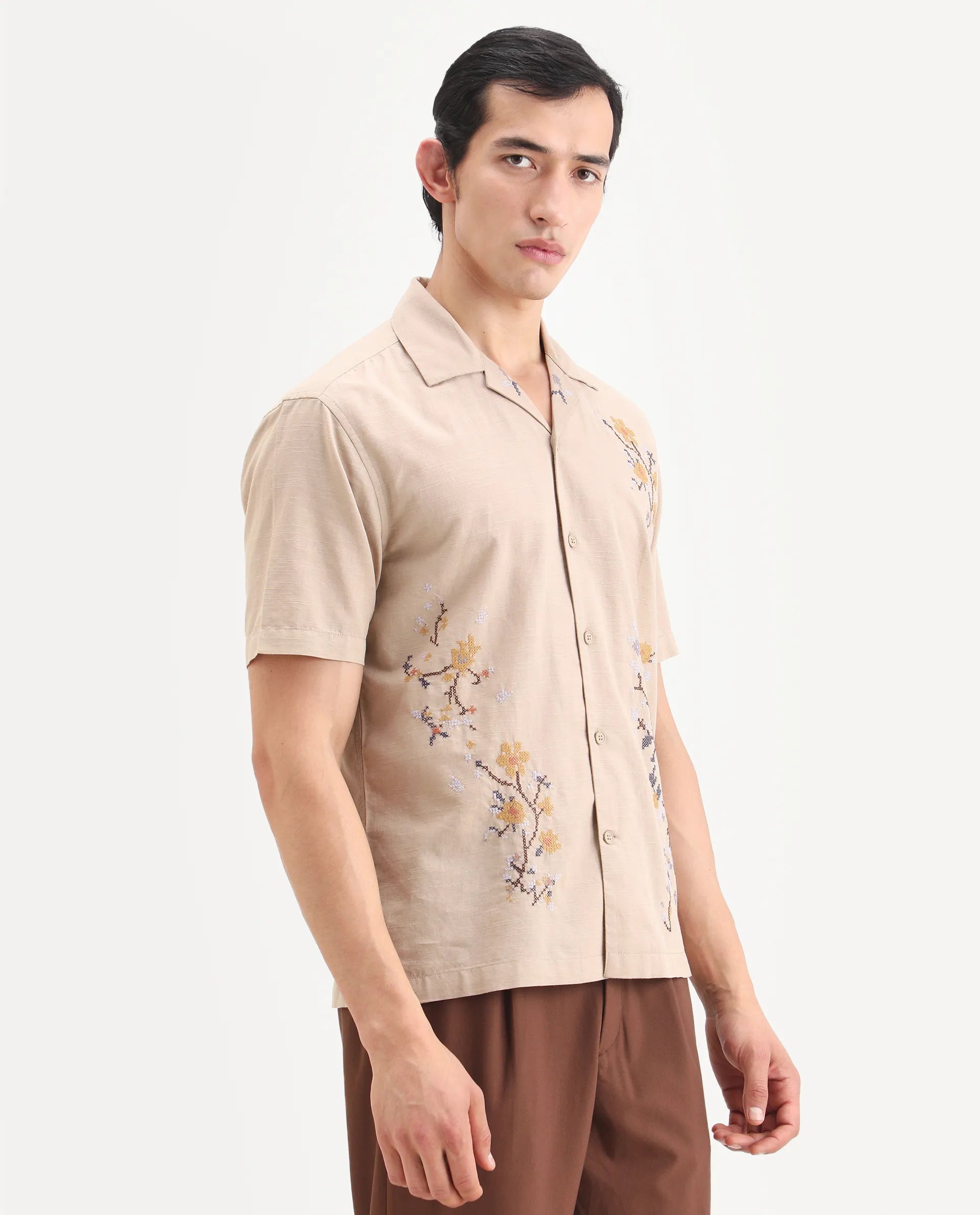 Rare Rabbit Men's Frot Dark Beige Linen Blend Fabric Half Sleeve Cuban Collar Relaxed Fit Embroidered Shirt