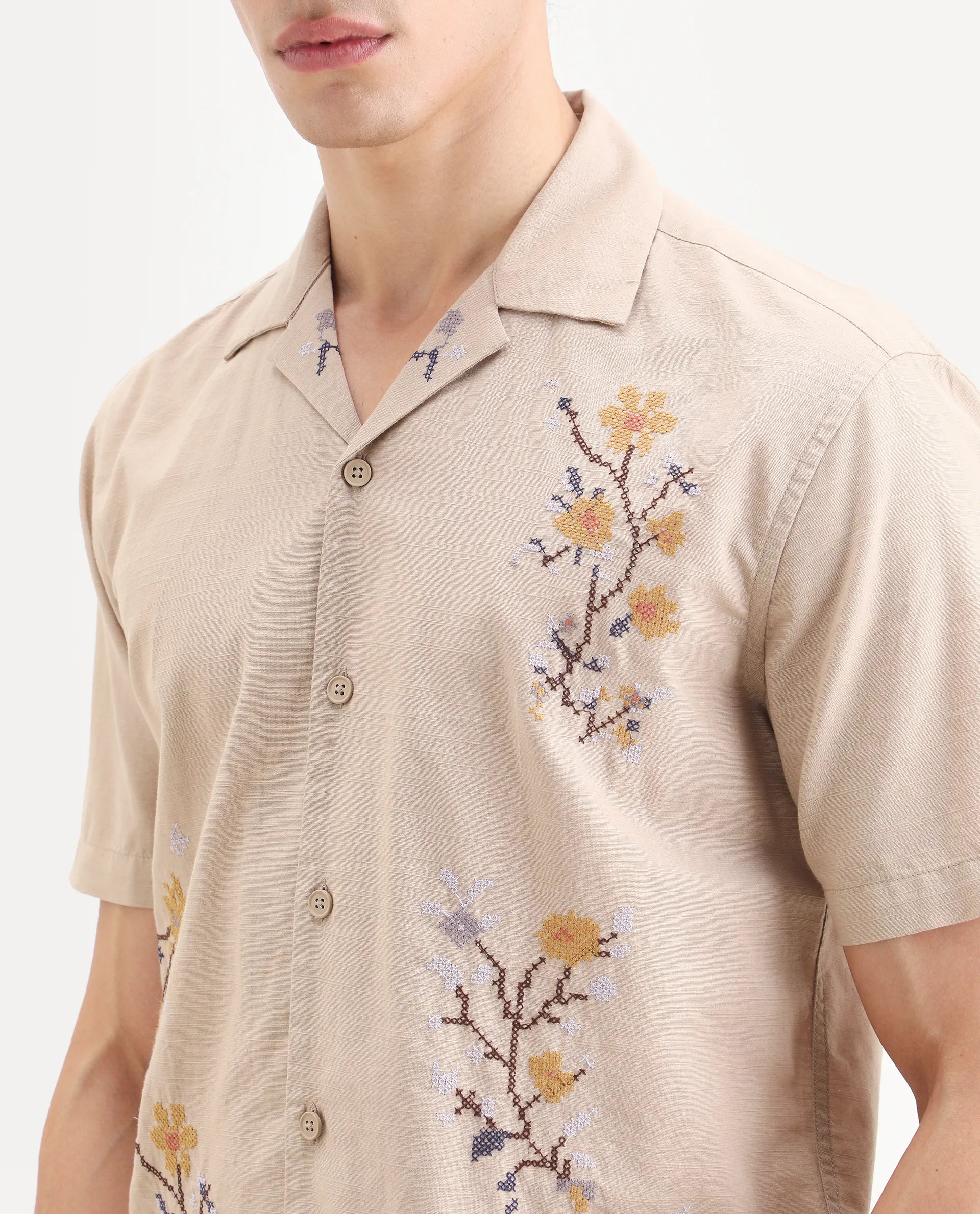 Rare Rabbit Men's Frot Dark Beige Linen Blend Fabric Half Sleeve Cuban Collar Relaxed Fit Embroidered Shirt