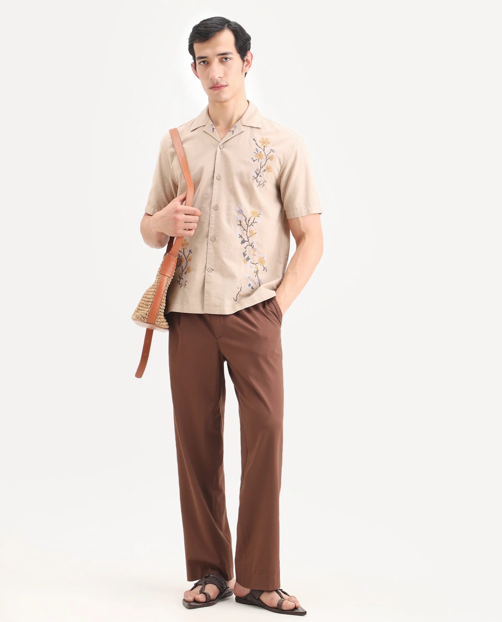 Rare Rabbit Men's Frot Dark Beige Linen Blend Fabric Half Sleeve Cuban Collar Relaxed Fit Embroidered Shirt