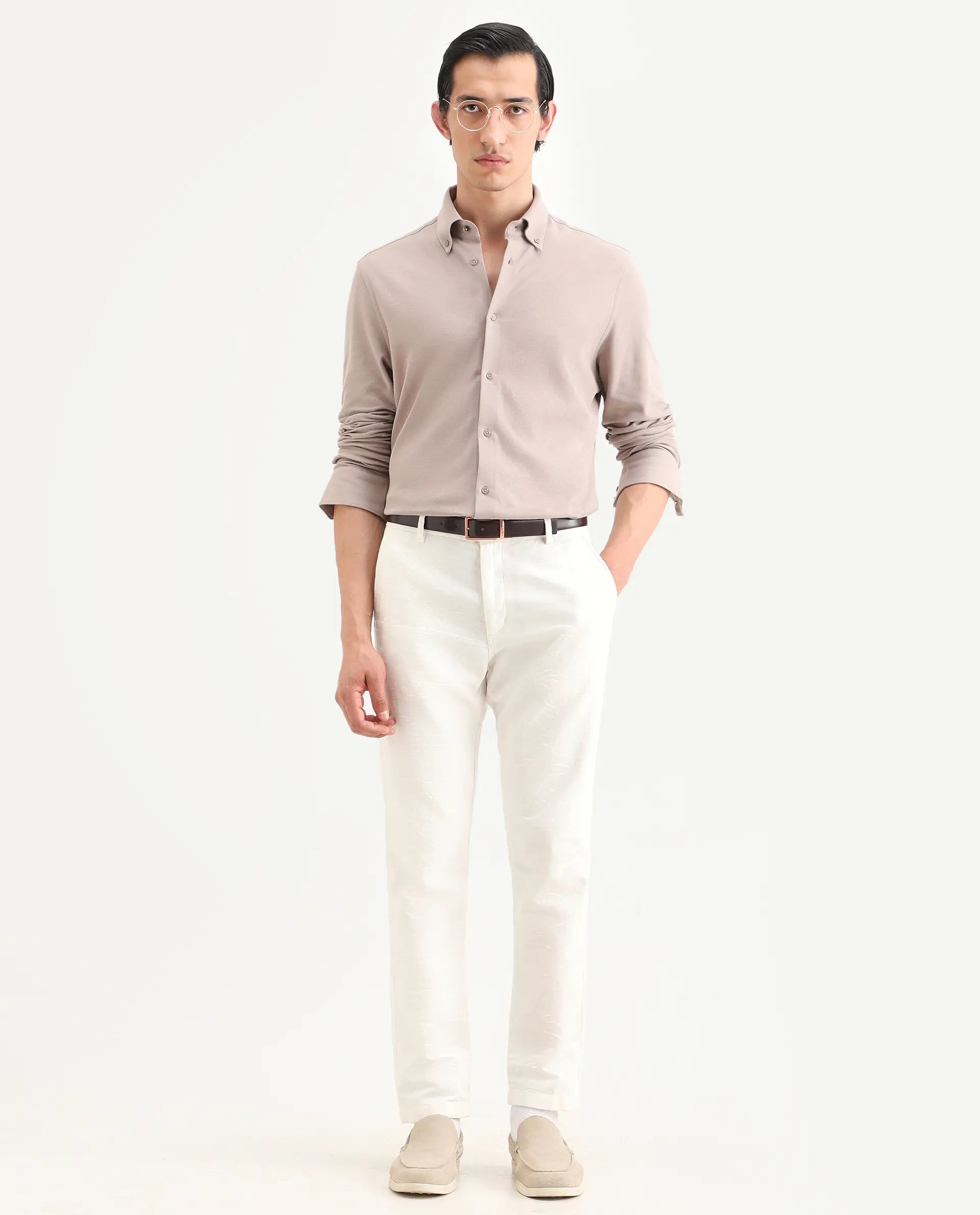 Rare Rabbit Men's Vane-Ss26 Beige Cotton Fabric Full Sleeve Regular Fit Plain Shirt