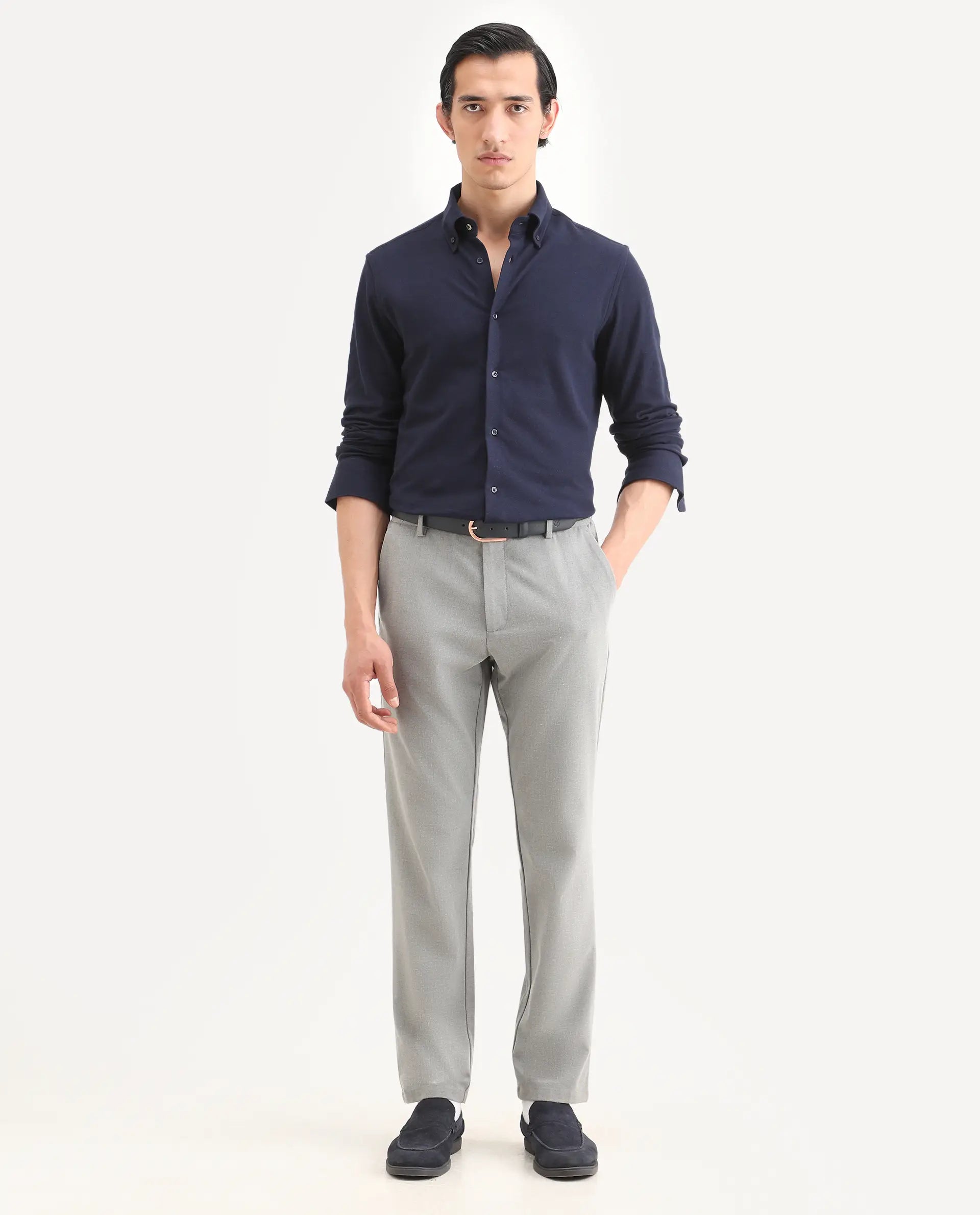Rare Rabbit Men's Vane-Ss26 Navy Cotton Fabric Full Sleeve Regular Fit Plain Shirt