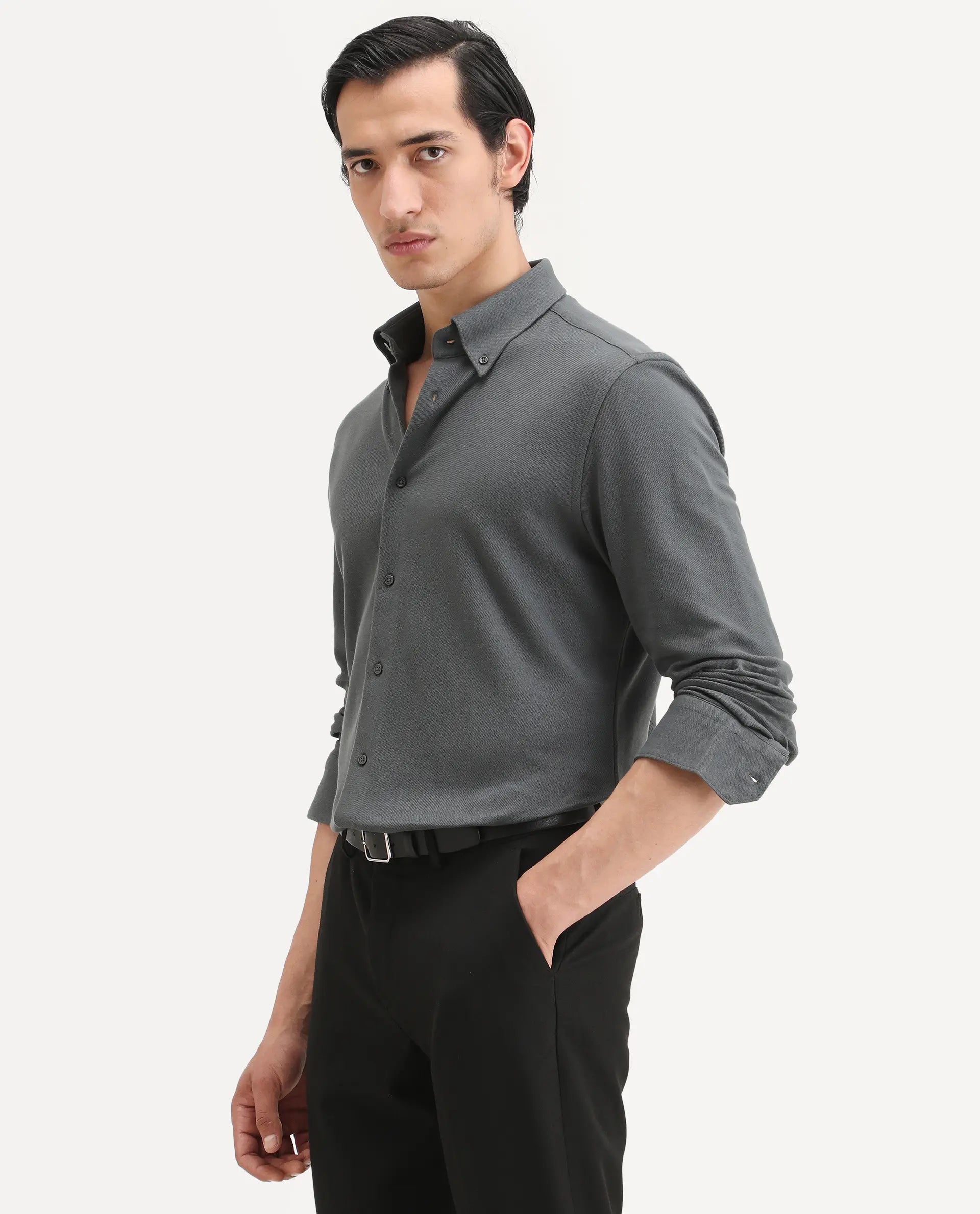 Rare Rabbit Men's Vane-Ss26 Dark Grey Cotton Fabric Full Sleeve Regular Fit Plain Shirt
