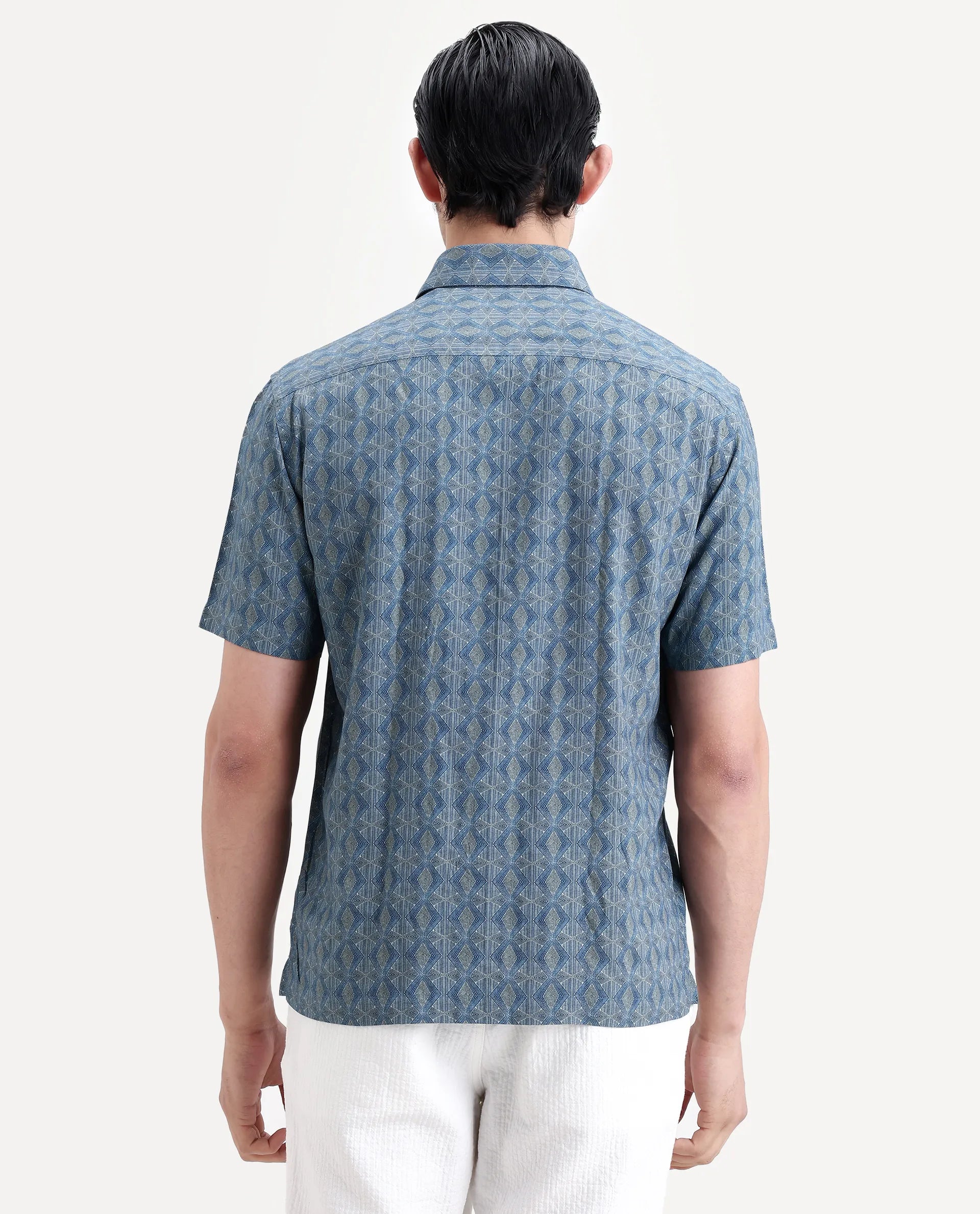 Rare Rabbit Men's Terk-Ss Blue Viscose Fabric Half Sleeve Spread Collar Regular Fit Geometric Print Shirt
