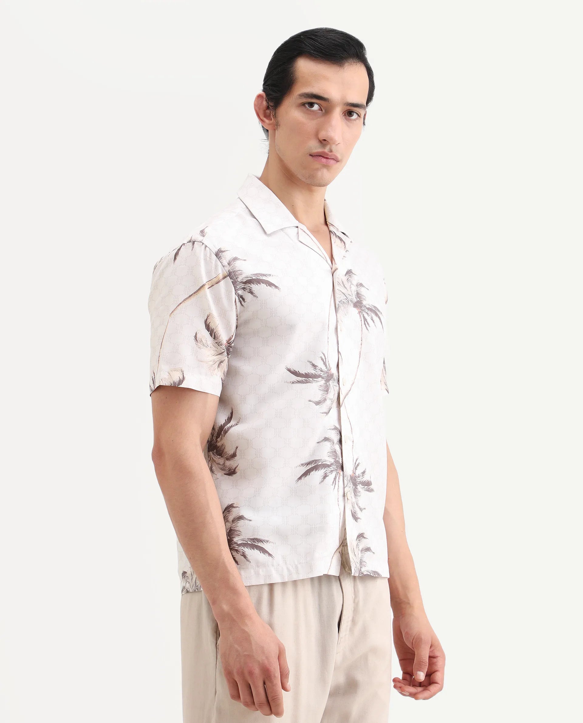 Rare Rabbit Men's Tropi Beige Cotton Blend Fabric Half Sleeve Spread Collar Regular Fit Tropical Print Shirt