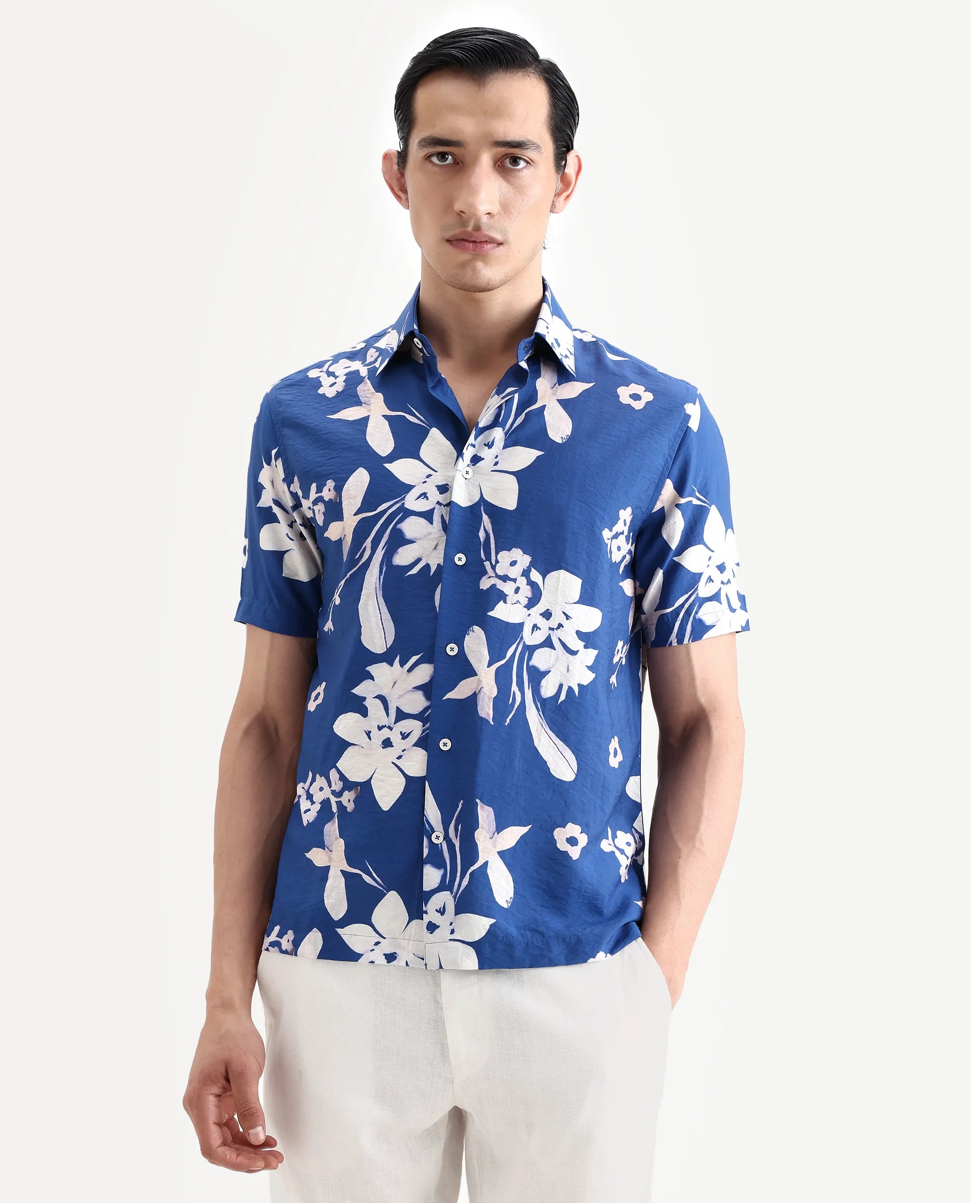 Rare Rabbit Men's Tyro Blue Viscose Blend Fabric Half Sleeve Spread Collar Regular Fit Floral Print Shirt