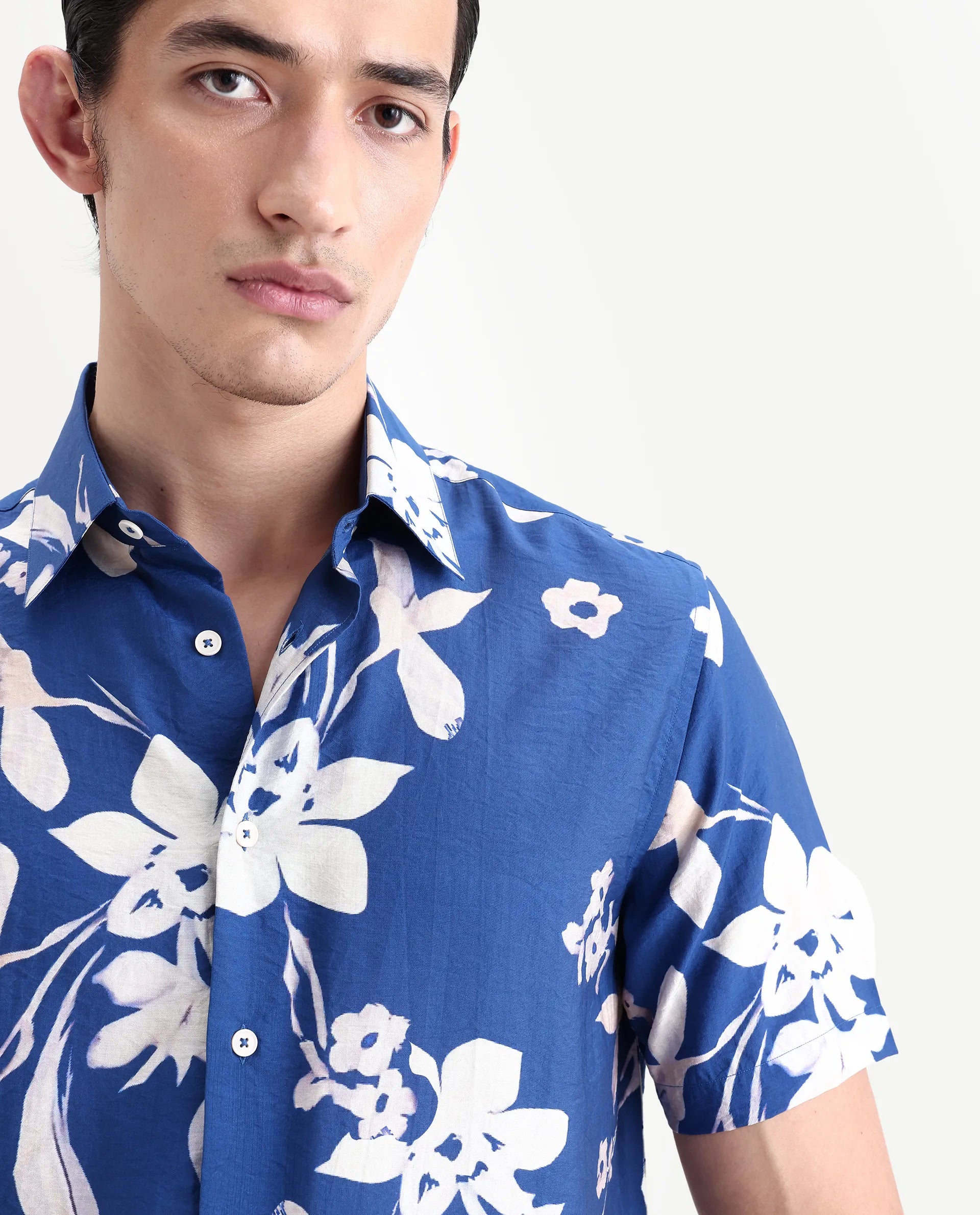 Rare Rabbit Men's Tyro Blue Viscose Blend Fabric Half Sleeve Spread Collar Regular Fit Floral Print Shirt