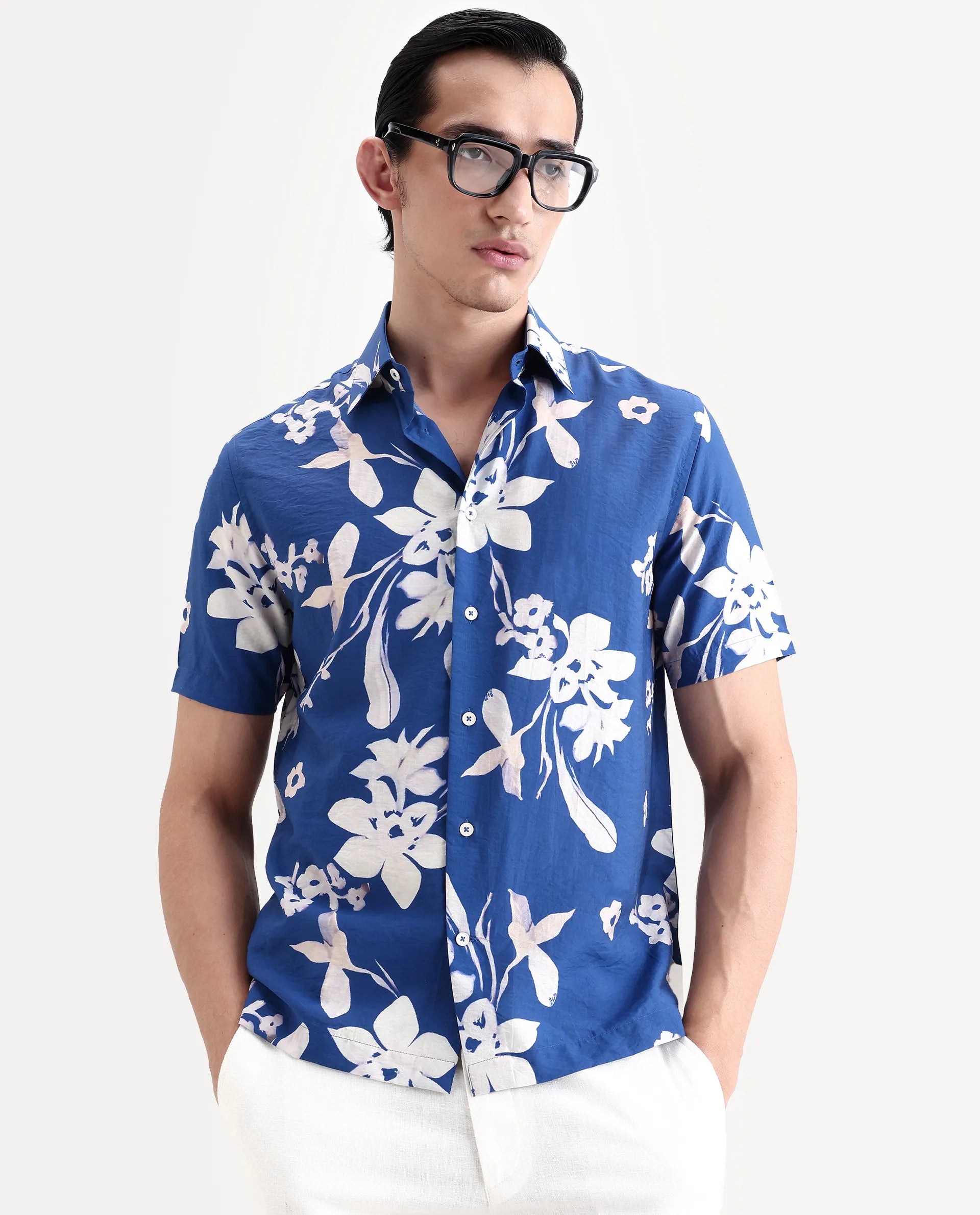 Rare Rabbit Men's Tyro Blue Viscose Blend Fabric Half Sleeve Spread Collar Regular Fit Floral Print Shirt