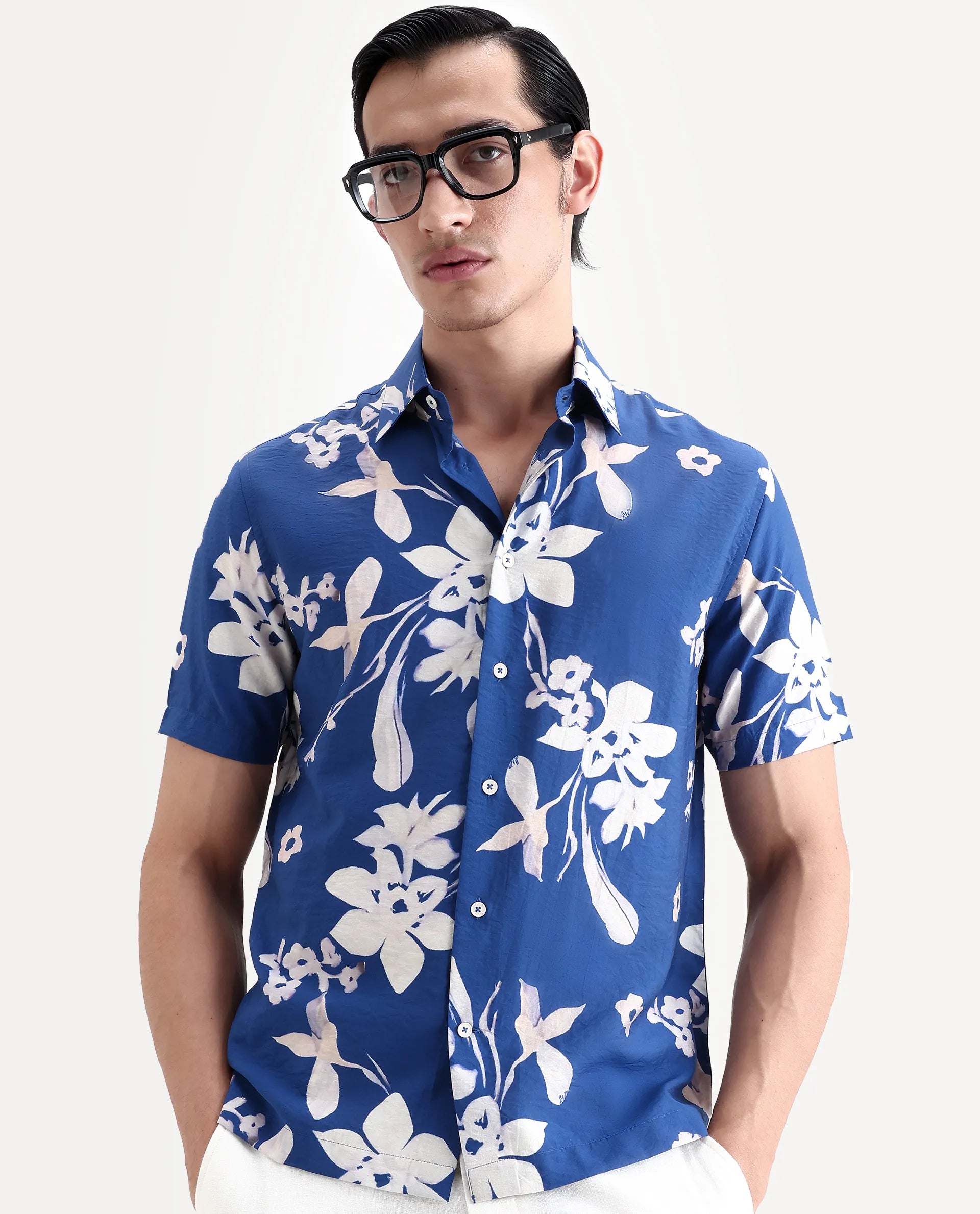 Rare Rabbit Men's Tyro Blue Viscose Blend Fabric Half Sleeve Spread Collar Regular Fit Floral Print Shirt