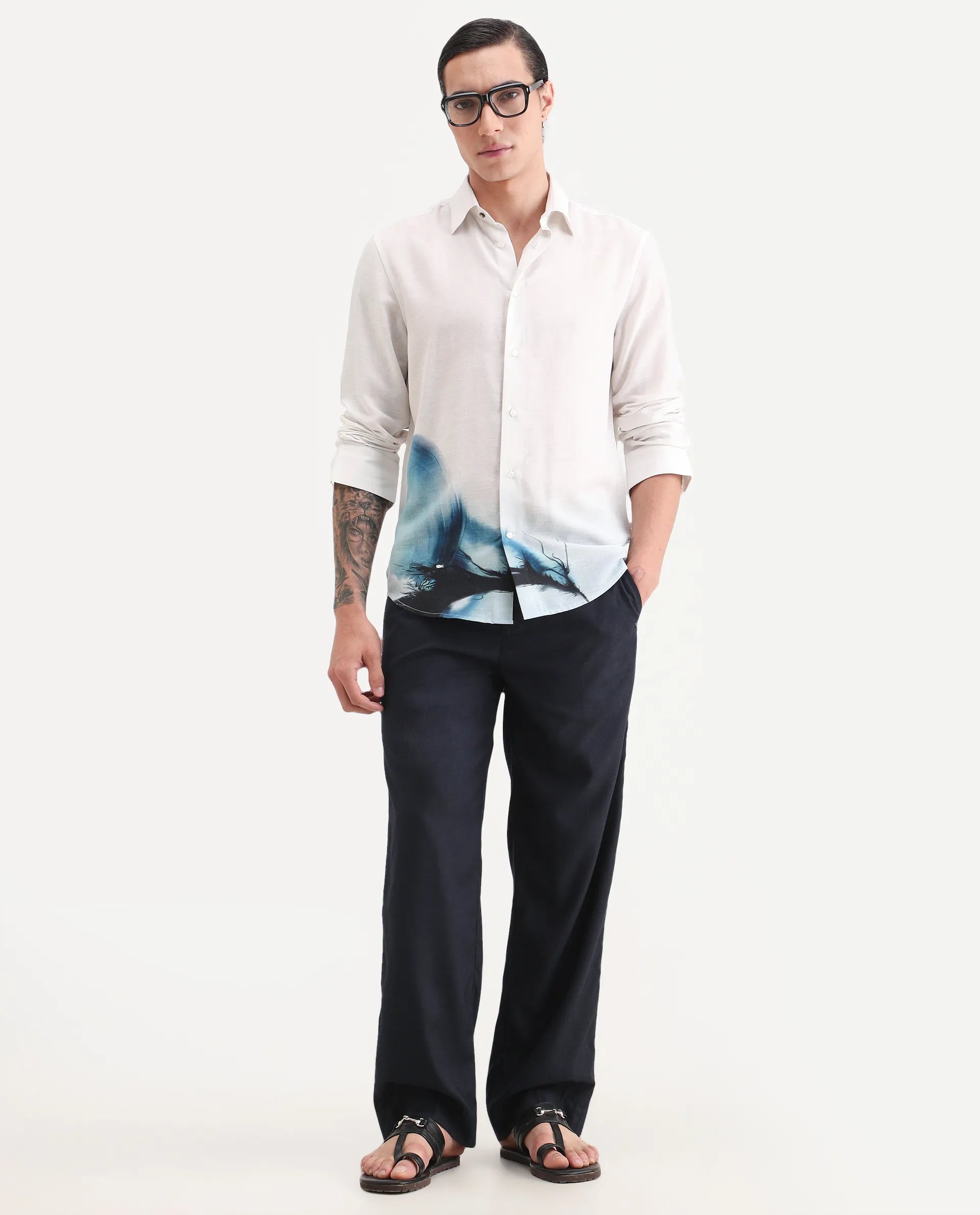 Rare Rabbit Men's Uvex White Linen Blend Fabric Full Sleeve Spread Collar Regular Fit Abstract Print Shirt