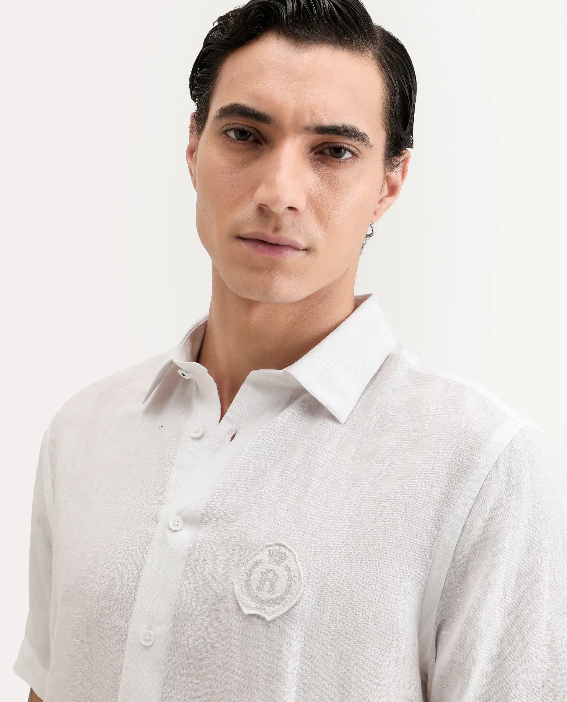 Rare Rabbit Men's Cine Ss White Linen Blend Fabric Half Sleeve Spread Collar Regular Fit Plain Shirt