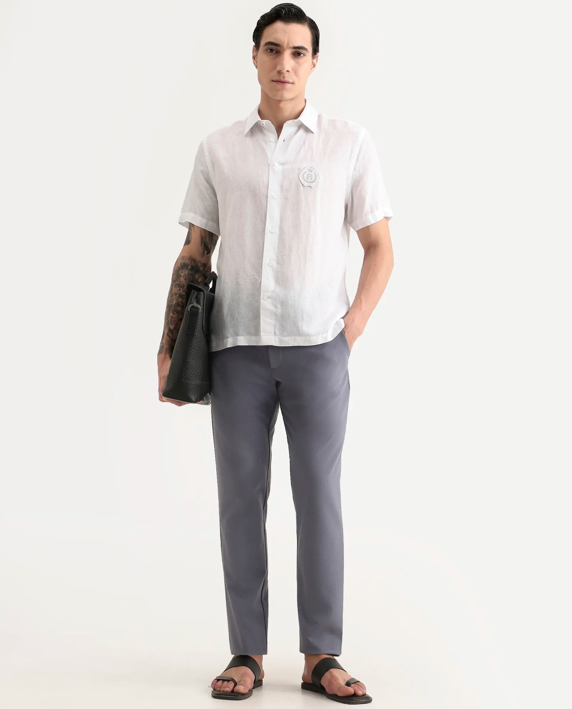 Rare Rabbit Men's Cine Ss White Linen Blend Fabric Half Sleeve Spread Collar Regular Fit Plain Shirt