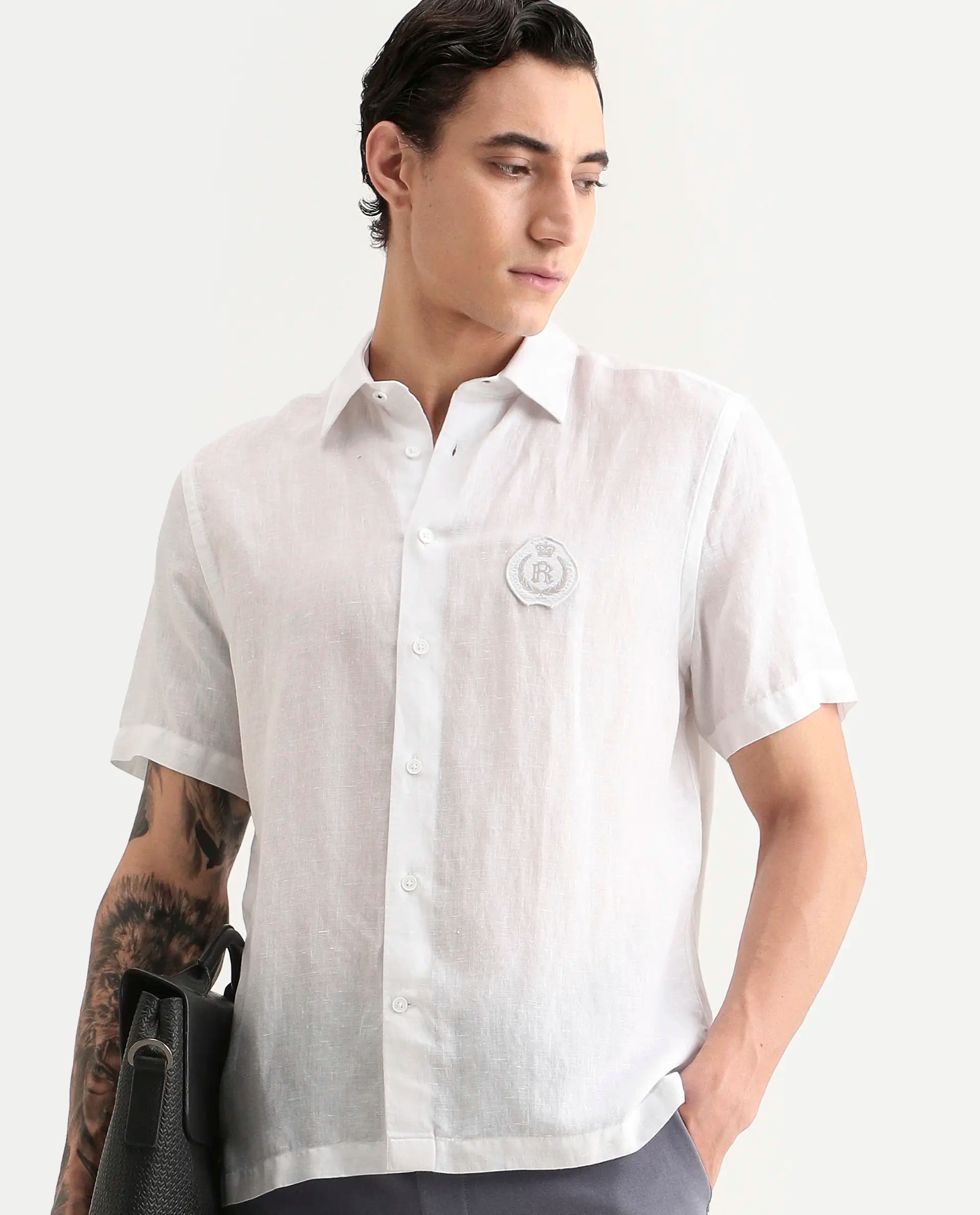 Rare Rabbit Men's Cine Ss White Linen Blend Fabric Half Sleeve Spread Collar Regular Fit Plain Shirt