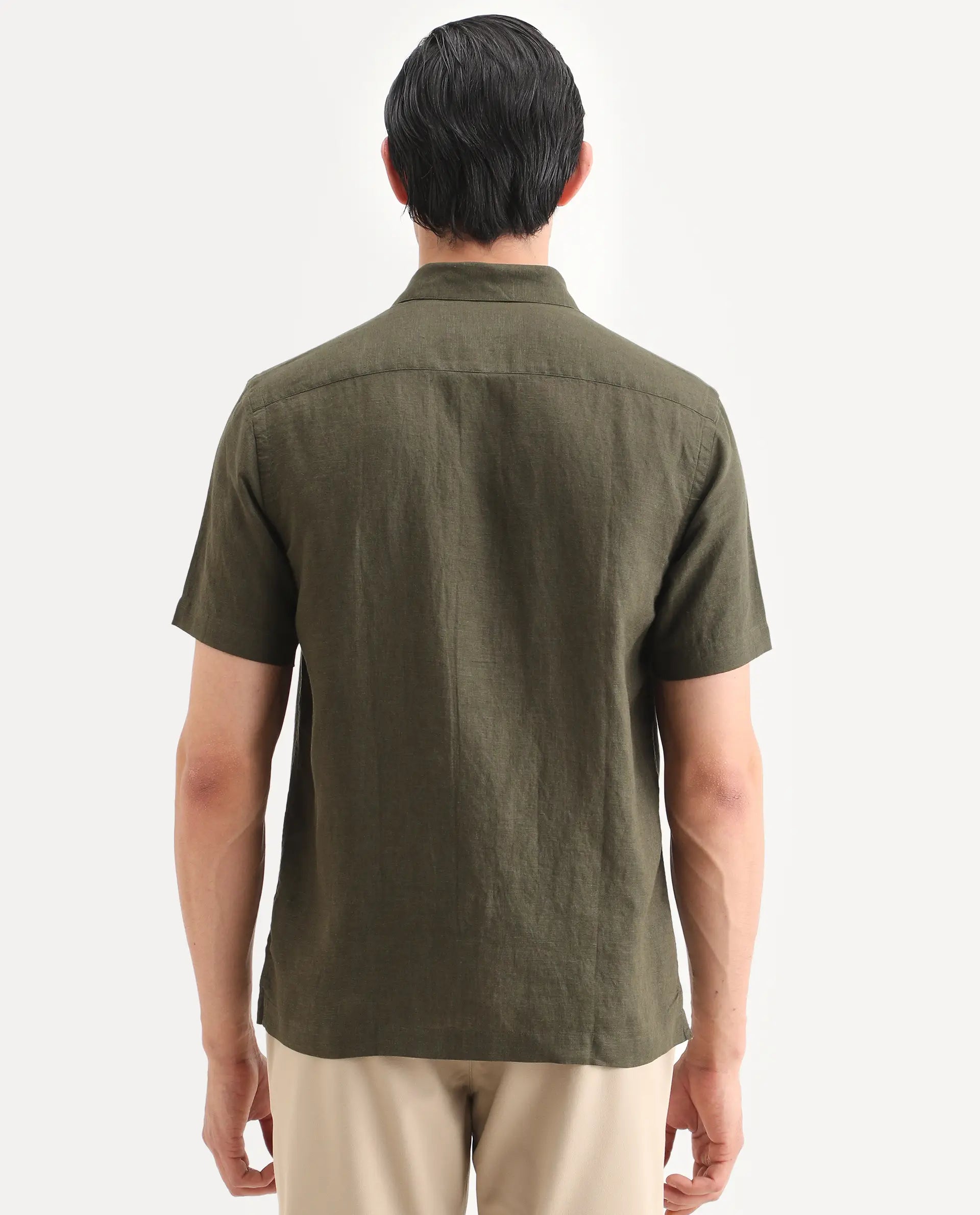 Rare Rabbit Men's Cine Ss Olive Linen Blend Fabric Half Sleeve Spread Collar Regular Fit Plain Shirt