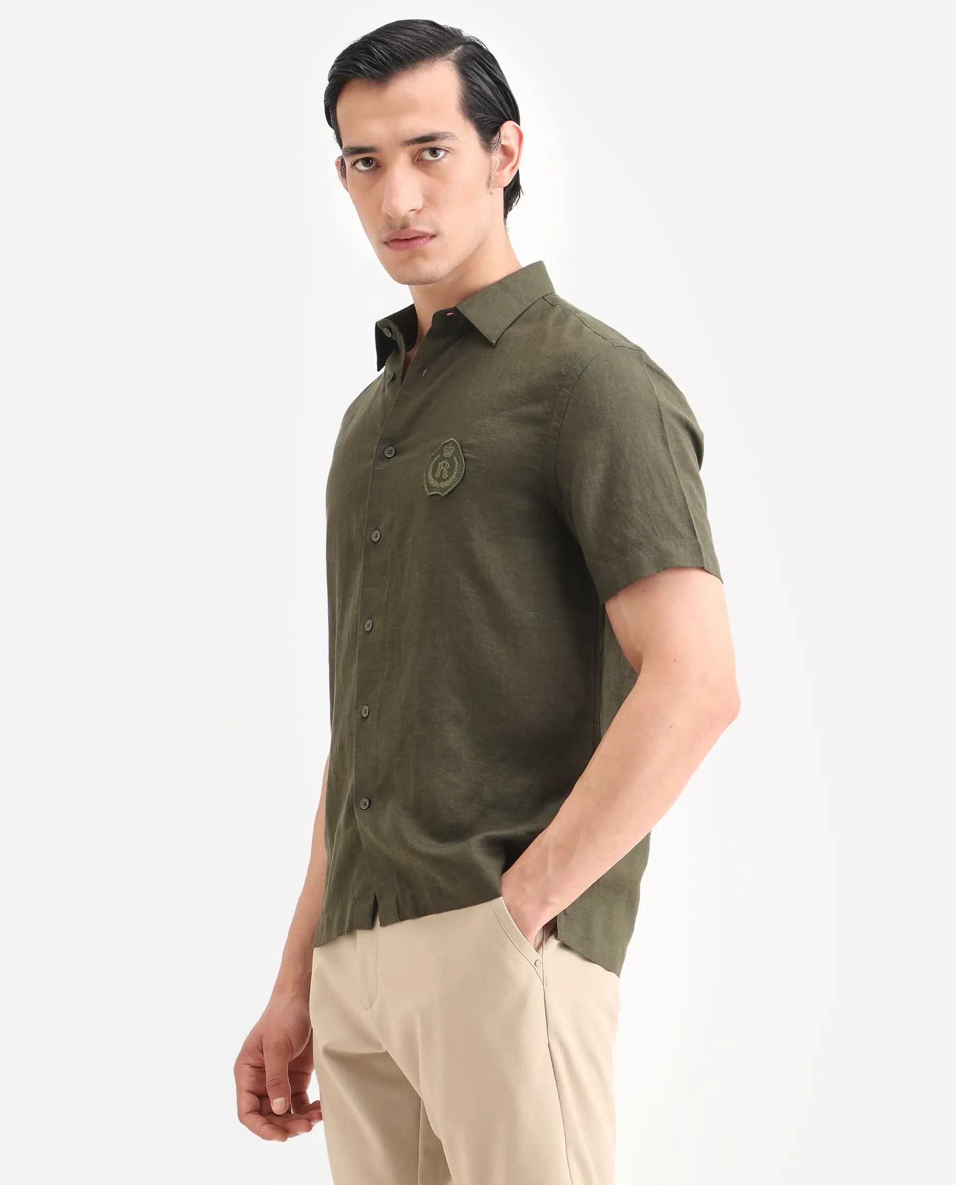 Rare Rabbit Men's Cine Ss Olive Linen Blend Fabric Half Sleeve Spread Collar Regular Fit Plain Shirt