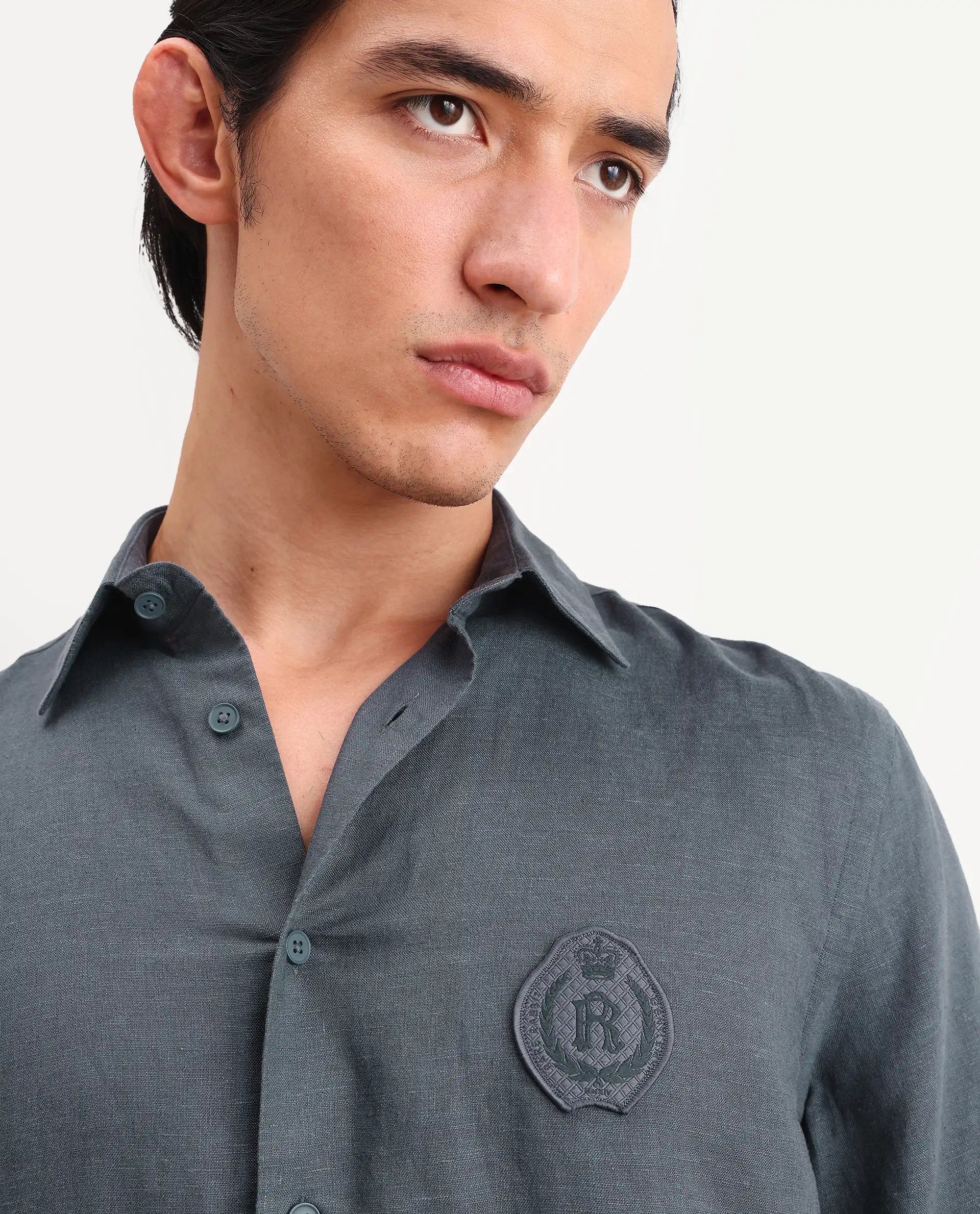 Rare Rabbit Men's Cine Ss Dark Blue Linen Blend Fabric Half Sleeve Spread Collar Regular Fit Plain Shirt