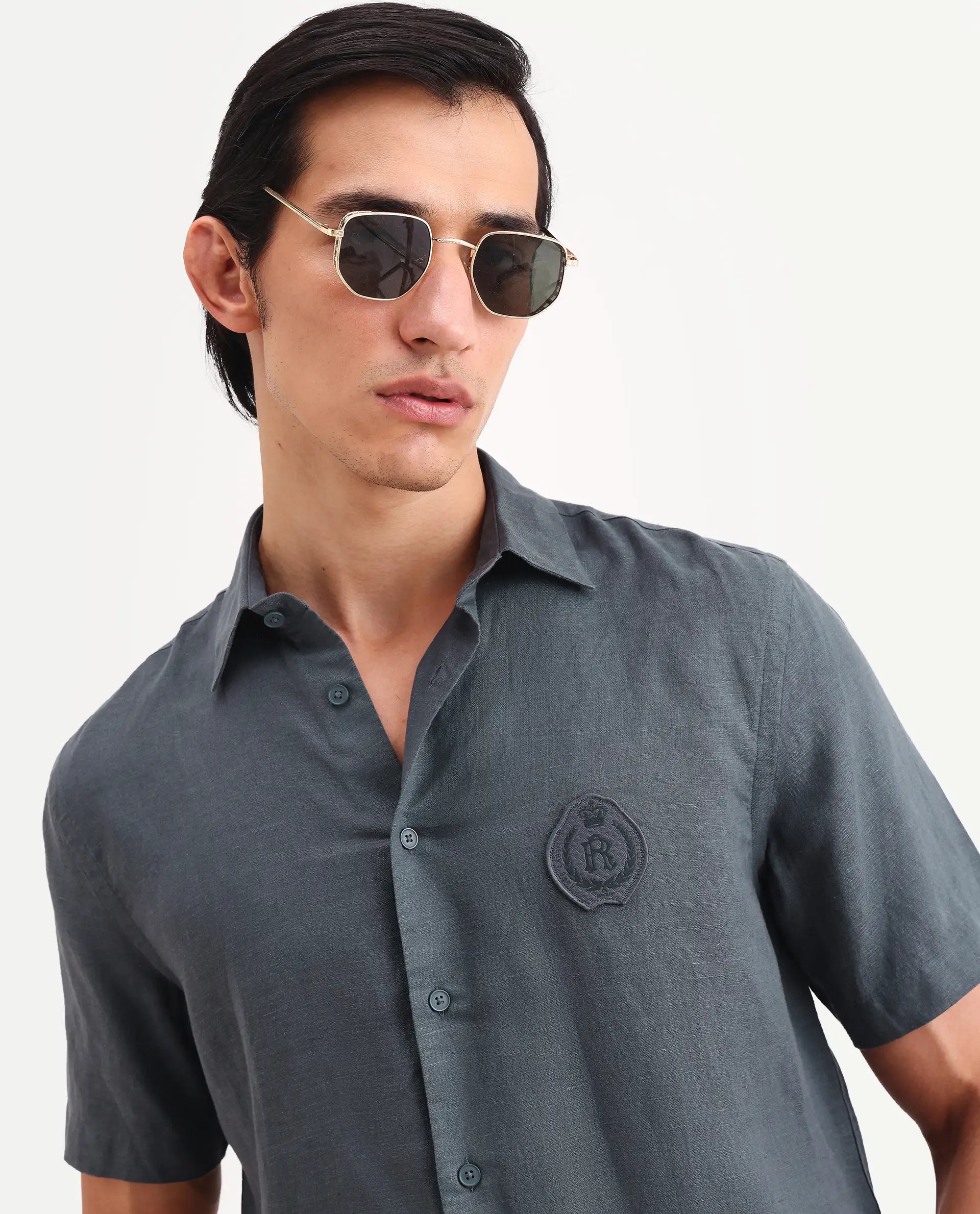Rare Rabbit Men's Cine Ss Dark Blue Linen Blend Fabric Half Sleeve Spread Collar Regular Fit Plain Shirt