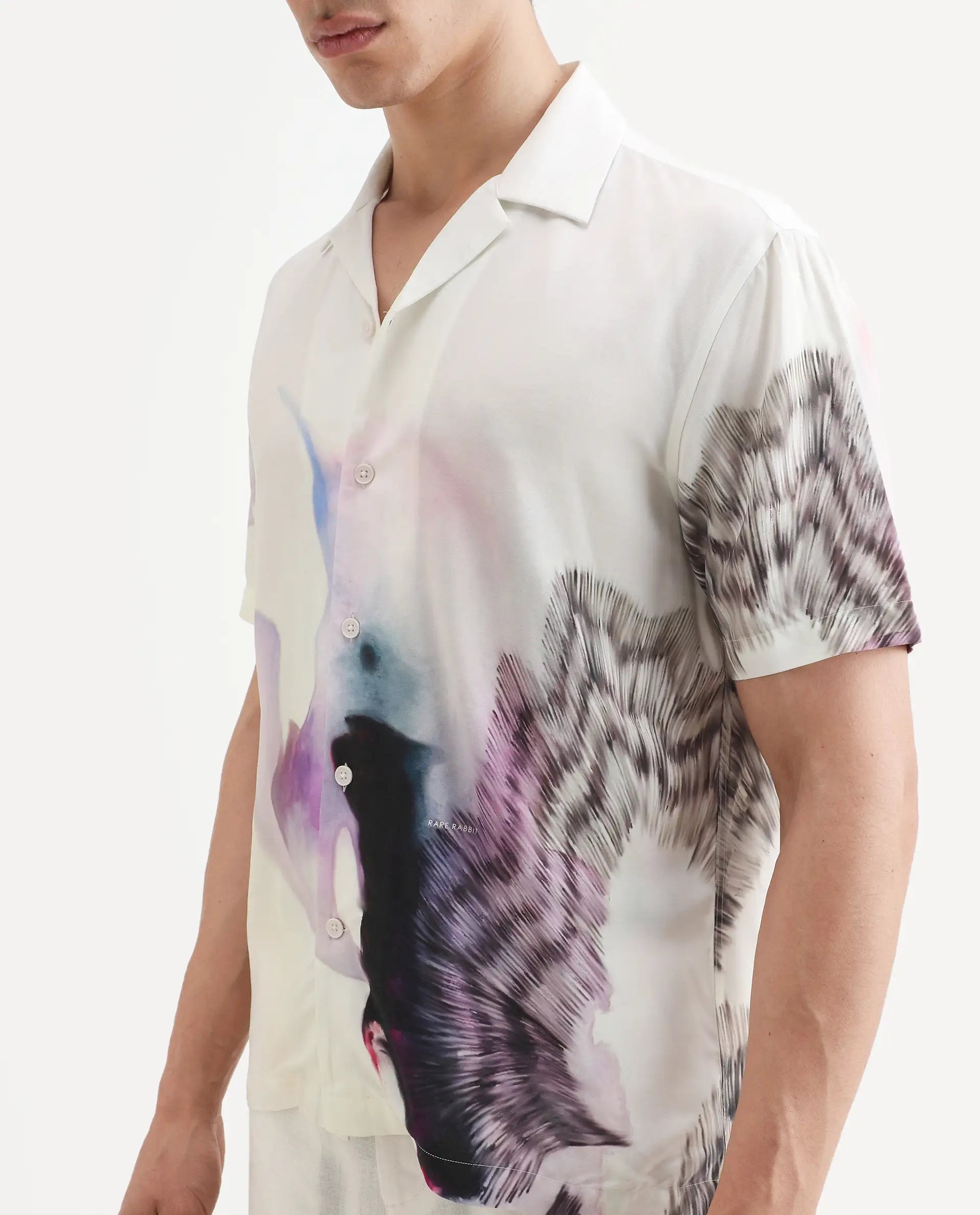 Rare Rabbit Men's Vyrn White Viscose Fabric Half Sleeve Cuban Collar Regular Fit Abstract Print Shirt