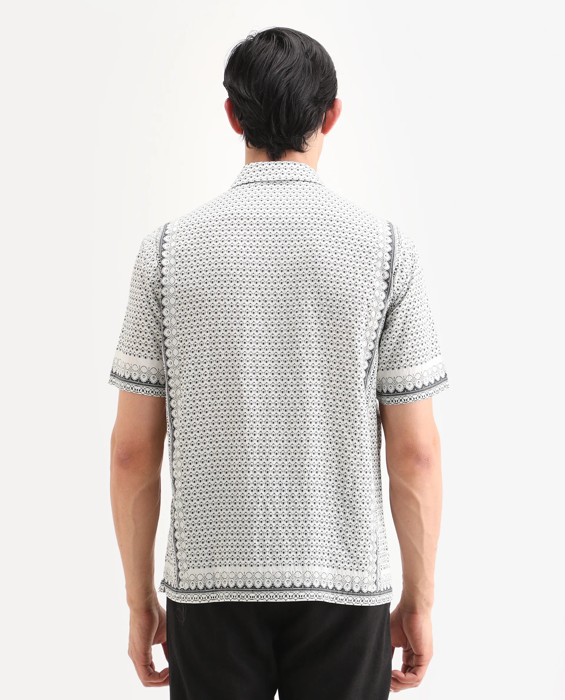 Rare Rabbit Men's Woqs White Viscose Blend Fabric Half Sleeve Cuban Collar Regular Fit Geometric Print Shirt