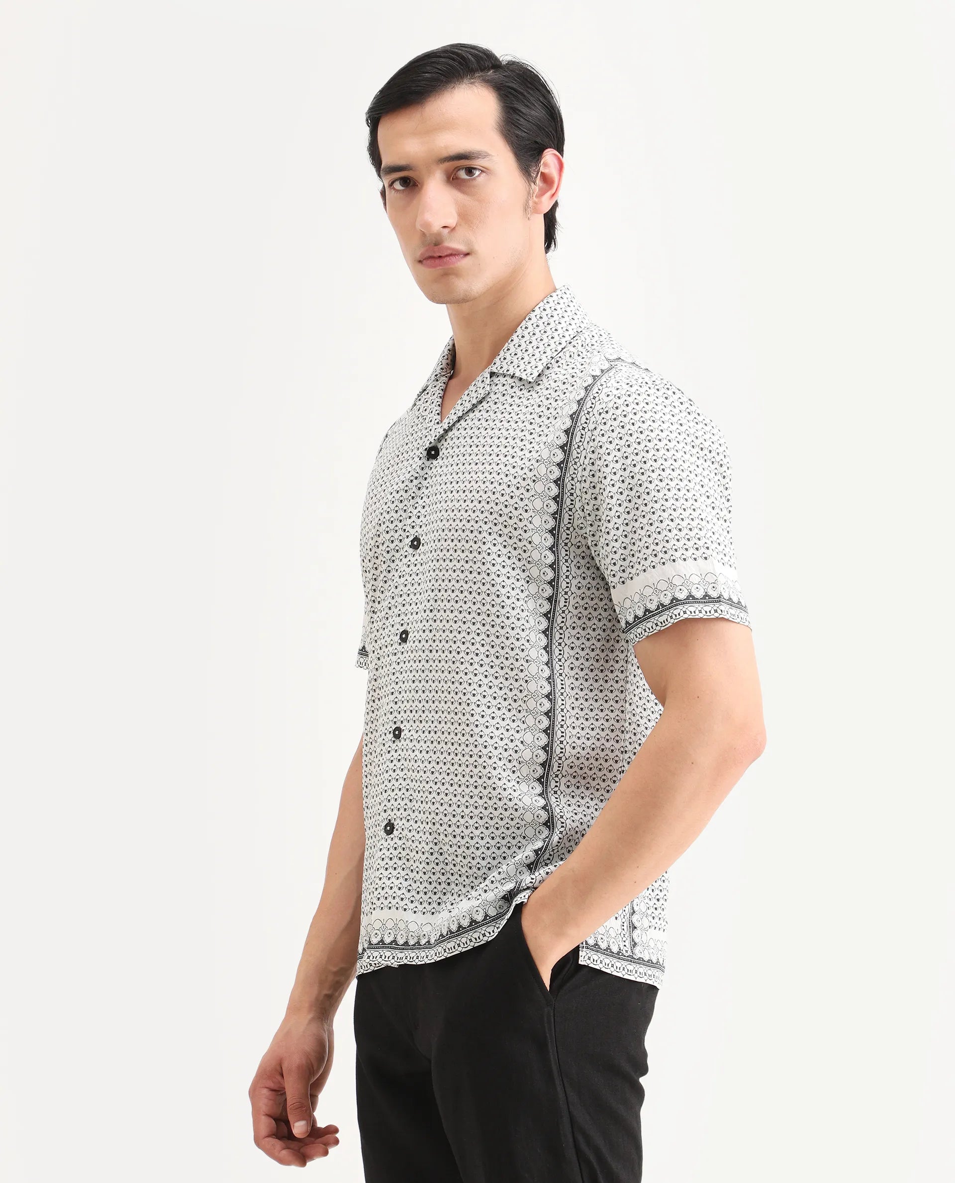 Rare Rabbit Men's Woqs White Viscose Blend Fabric Half Sleeve Cuban Collar Regular Fit Geometric Print Shirt