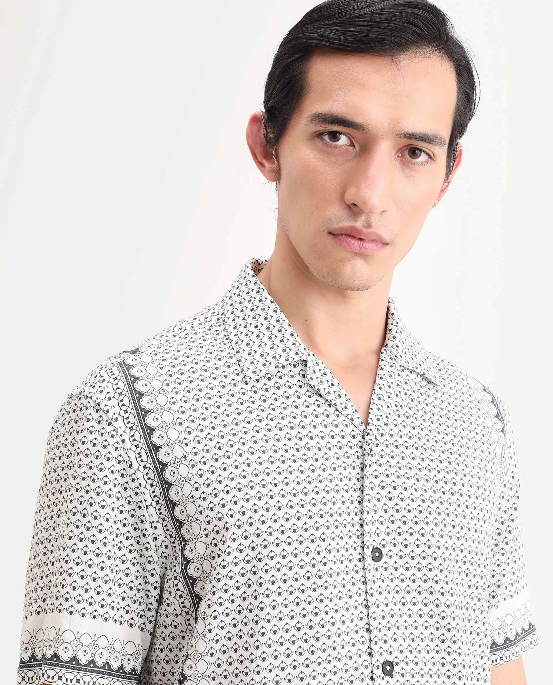 Rare Rabbit Men's Woqs White Viscose Blend Fabric Half Sleeve Cuban Collar Regular Fit Geometric Print Shirt