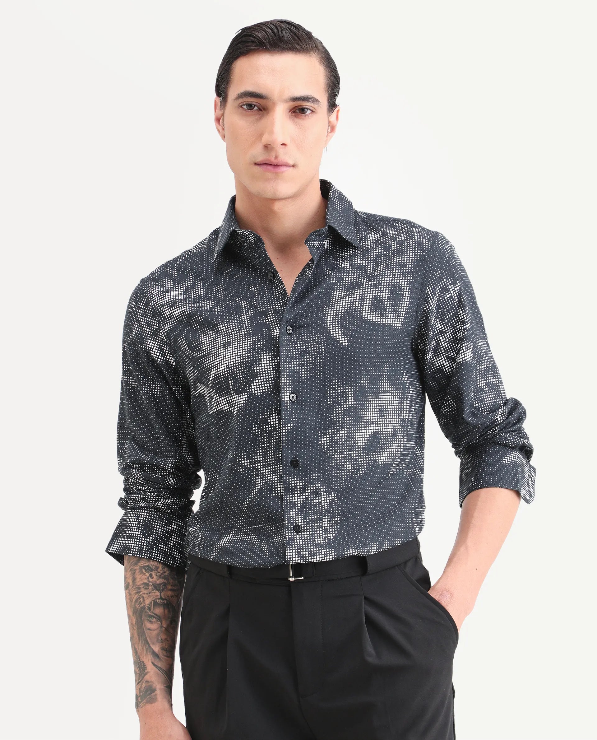 Rare Rabbit Men's Xald Black Modal Blend Fabric Full Sleeve Spread Collar Regular Fit Floral Print Shirt