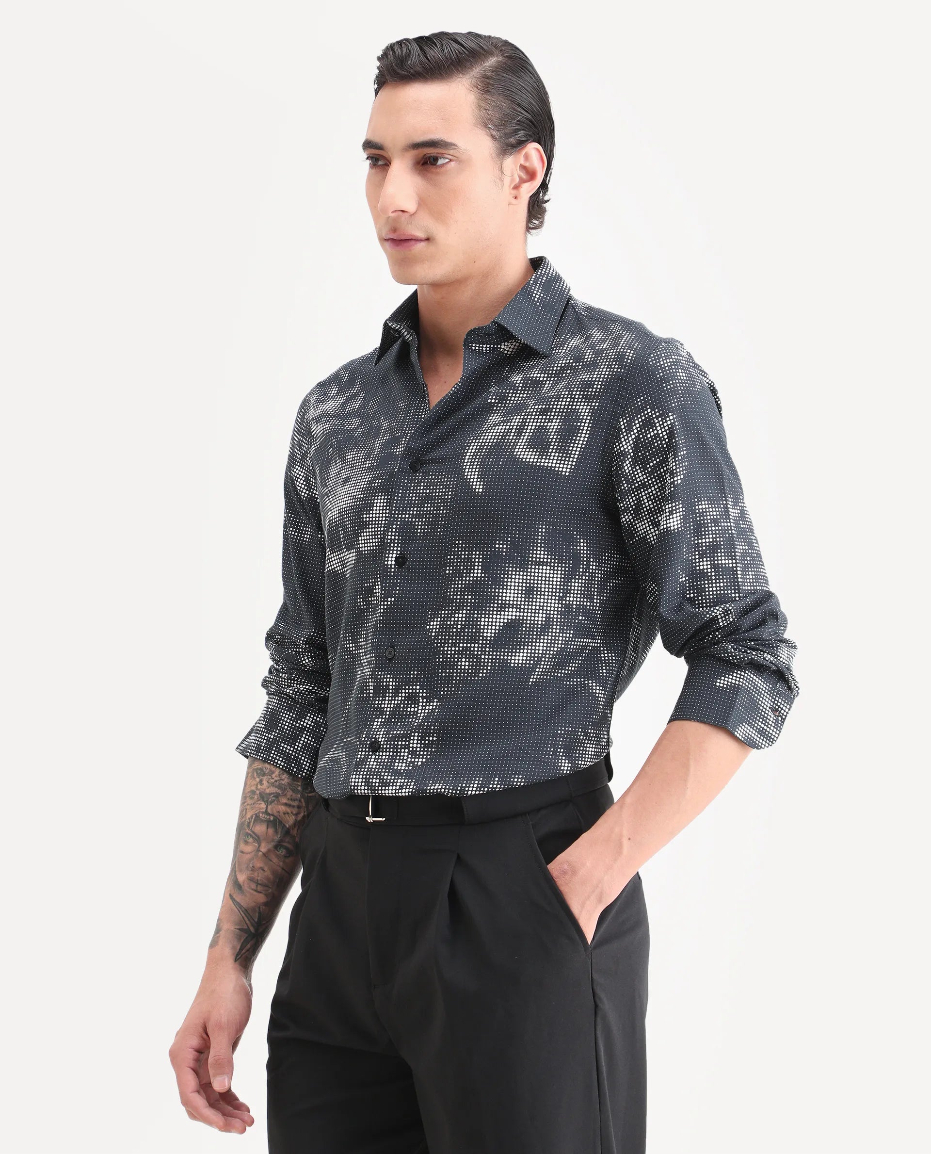Rare Rabbit Men's Xald Black Modal Blend Fabric Full Sleeve Spread Collar Regular Fit Floral Print Shirt