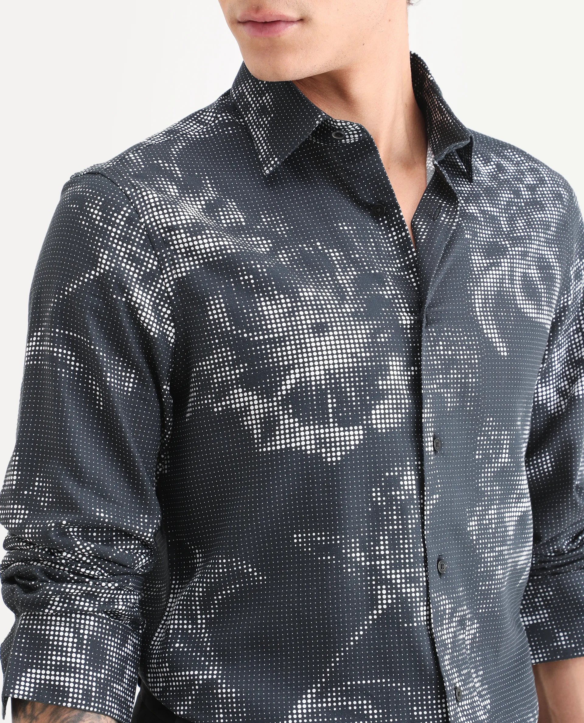 Rare Rabbit Men's Xald Black Modal Blend Fabric Full Sleeve Spread Collar Regular Fit Floral Print Shirt