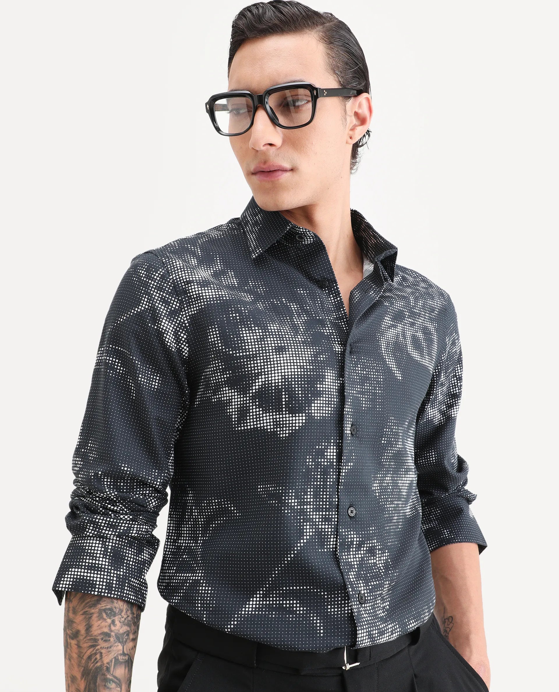 Rare Rabbit Men's Xald Black Modal Blend Fabric Full Sleeve Spread Collar Regular Fit Floral Print Shirt
